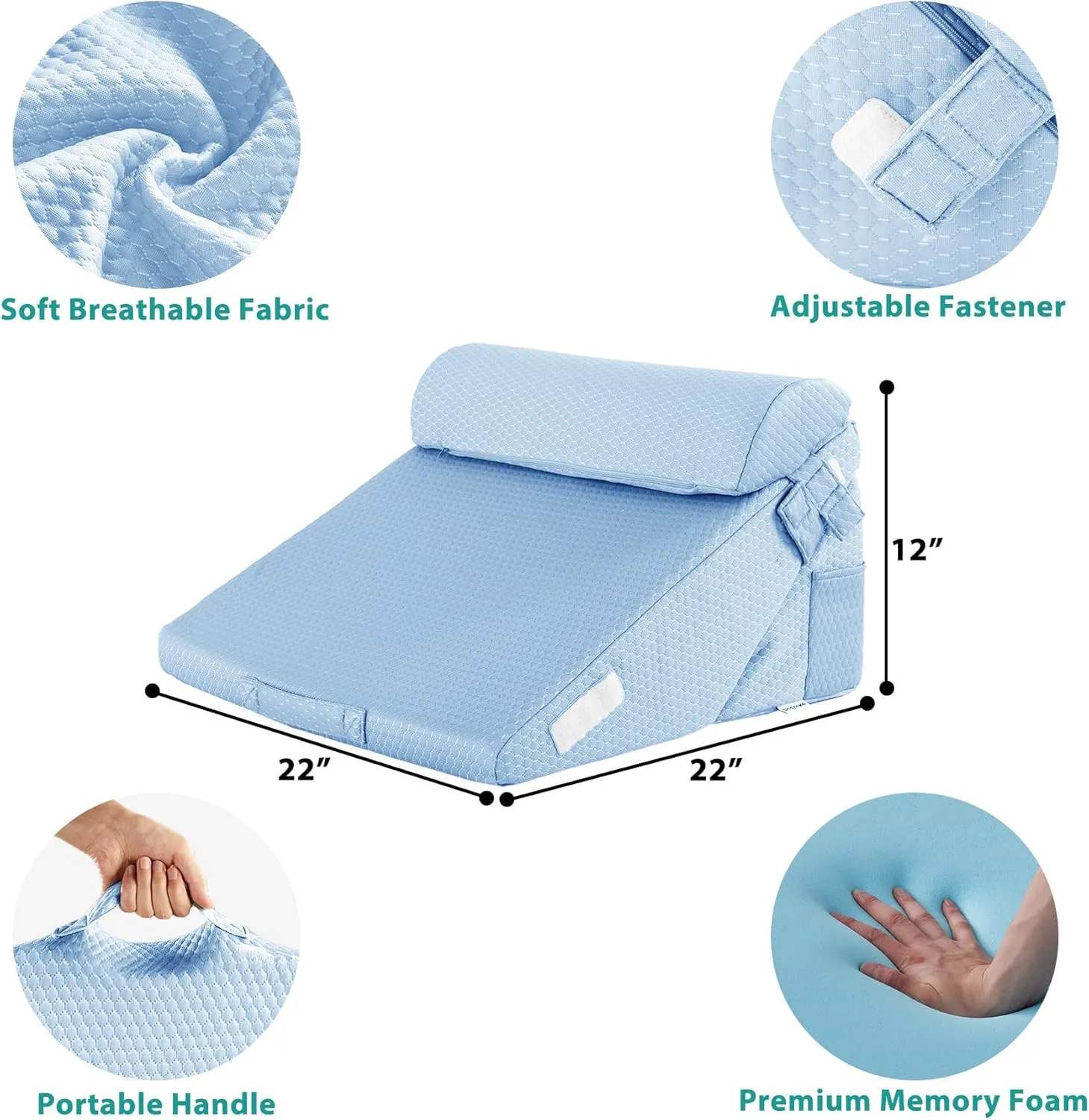 3Pcs Orthopedic Bed Wedge Pillow Set, Foam Wedge Pillow Post Surgery for Back, Leg and Knee Support, Adjustable 9&12 Inch Folding Triangle Pillow for Sleeping, Acid Reflux, Snoring, Light Blue