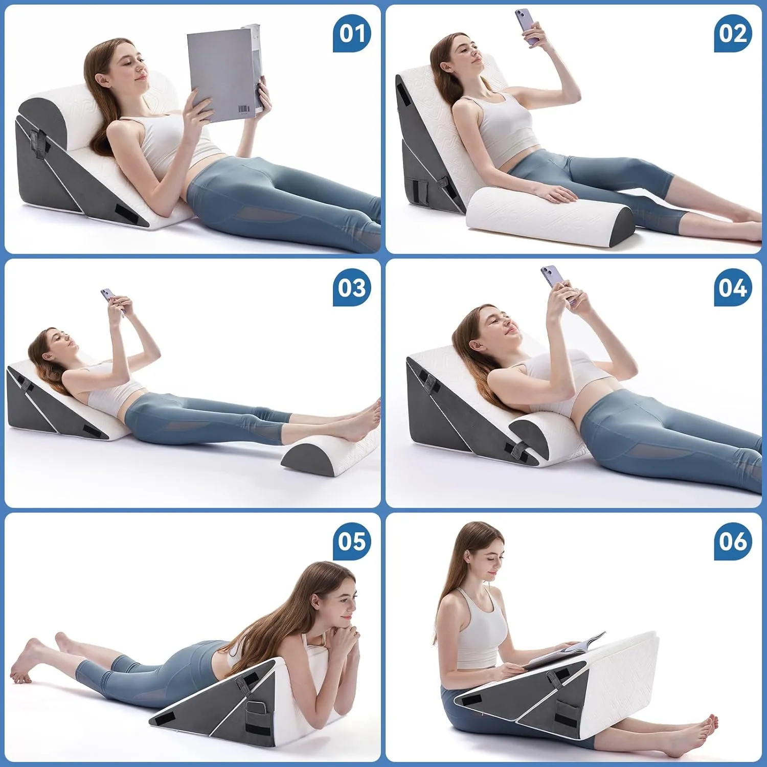 3PCS Orthopedic Bed Wedge Pillow Set for Sleeping, Post Surgery Foam Support Pillow for Back, Neck, Leg Pain Relief and Acid Reflux, Comfortable Adjustable Sitting Back Pillow Grey