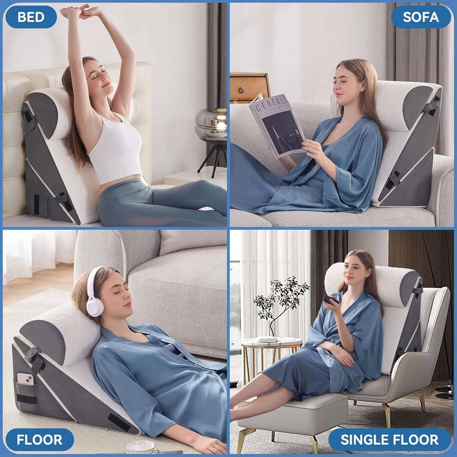 3PCS Orthopedic Bed Wedge Pillow Set for Sleeping, Post Surgery Foam Support Pillow for Back, Neck, Leg Pain Relief and Acid Reflux, Comfortable Adjustable Sitting Back Pillow Grey