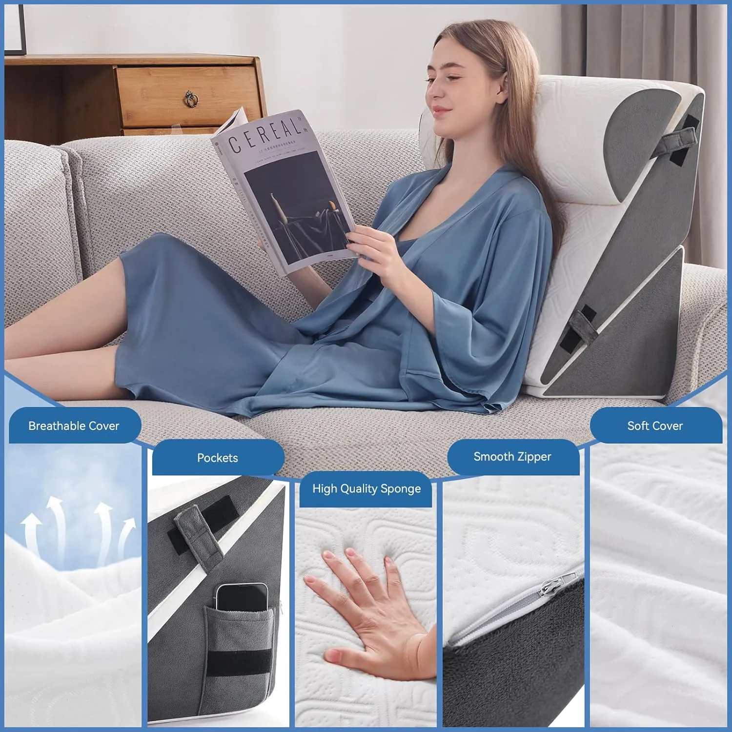 3PCS Orthopedic Bed Wedge Pillow Set for Sleeping, Post Surgery Foam Support Pillow for Back, Neck, Leg Pain Relief and Acid Reflux, Comfortable Adjustable Sitting Back Pillow Grey