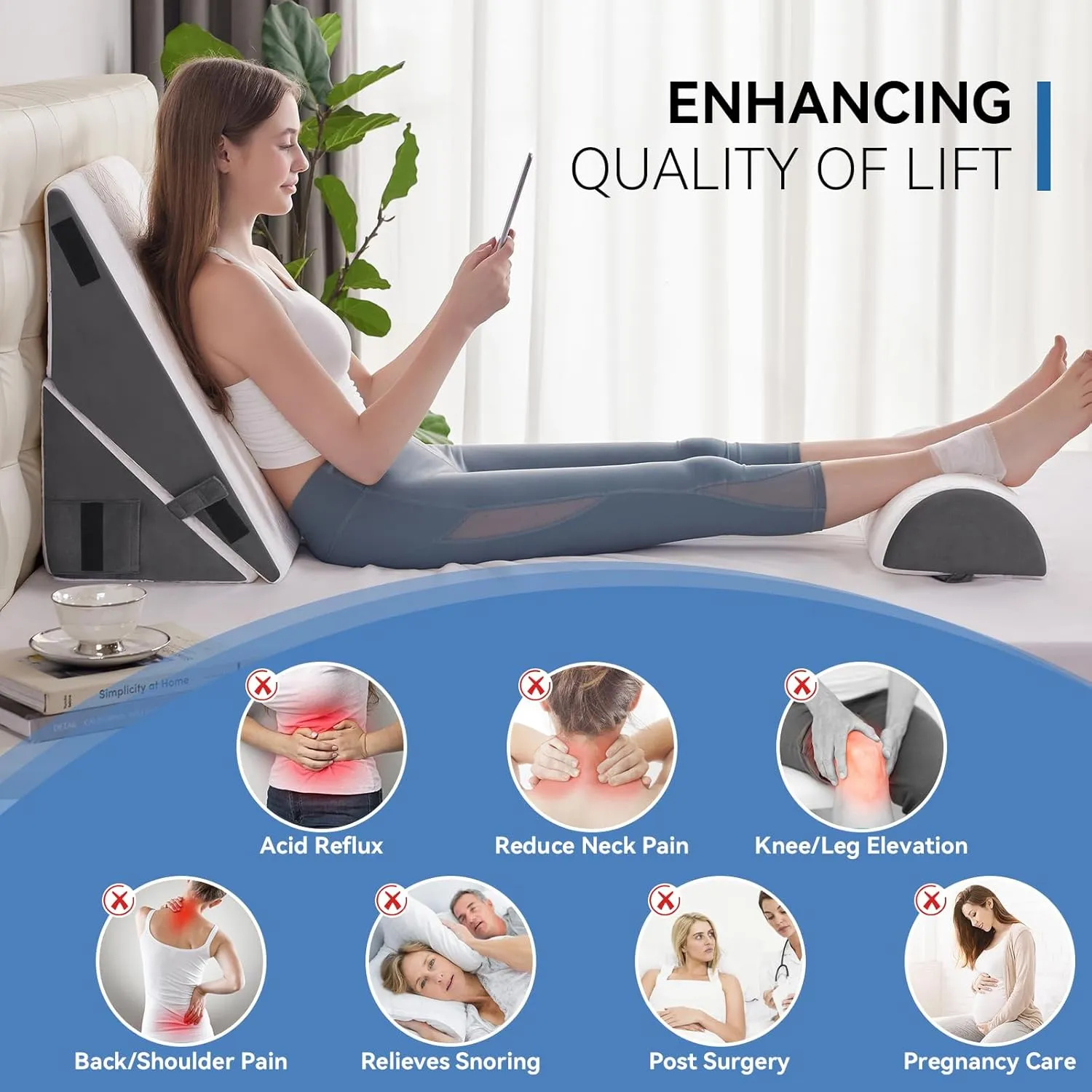 3PCS Orthopedic Bed Wedge Pillow Set for Sleeping, Post Surgery Foam Support Pillow for Back, Neck, Leg Pain Relief and Acid Reflux, Comfortable Adjustable Sitting Back Pillow Grey