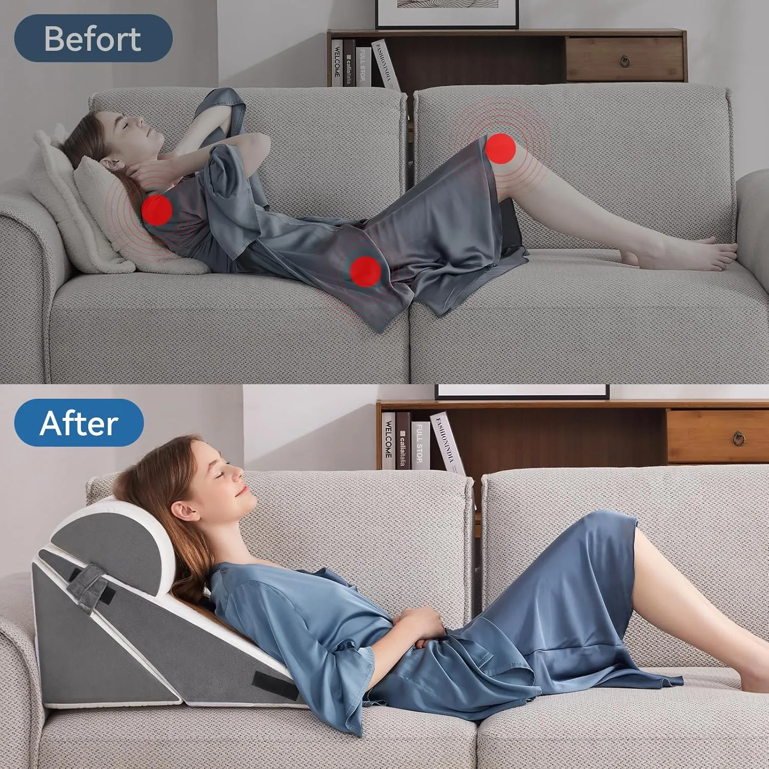 3PCS Orthopedic Bed Wedge Pillow Set for Sleeping, Post Surgery Foam Support Pillow for Back, Neck, Leg Pain Relief and Acid Reflux, Comfortable Adjustable Sitting Back Pillow Grey