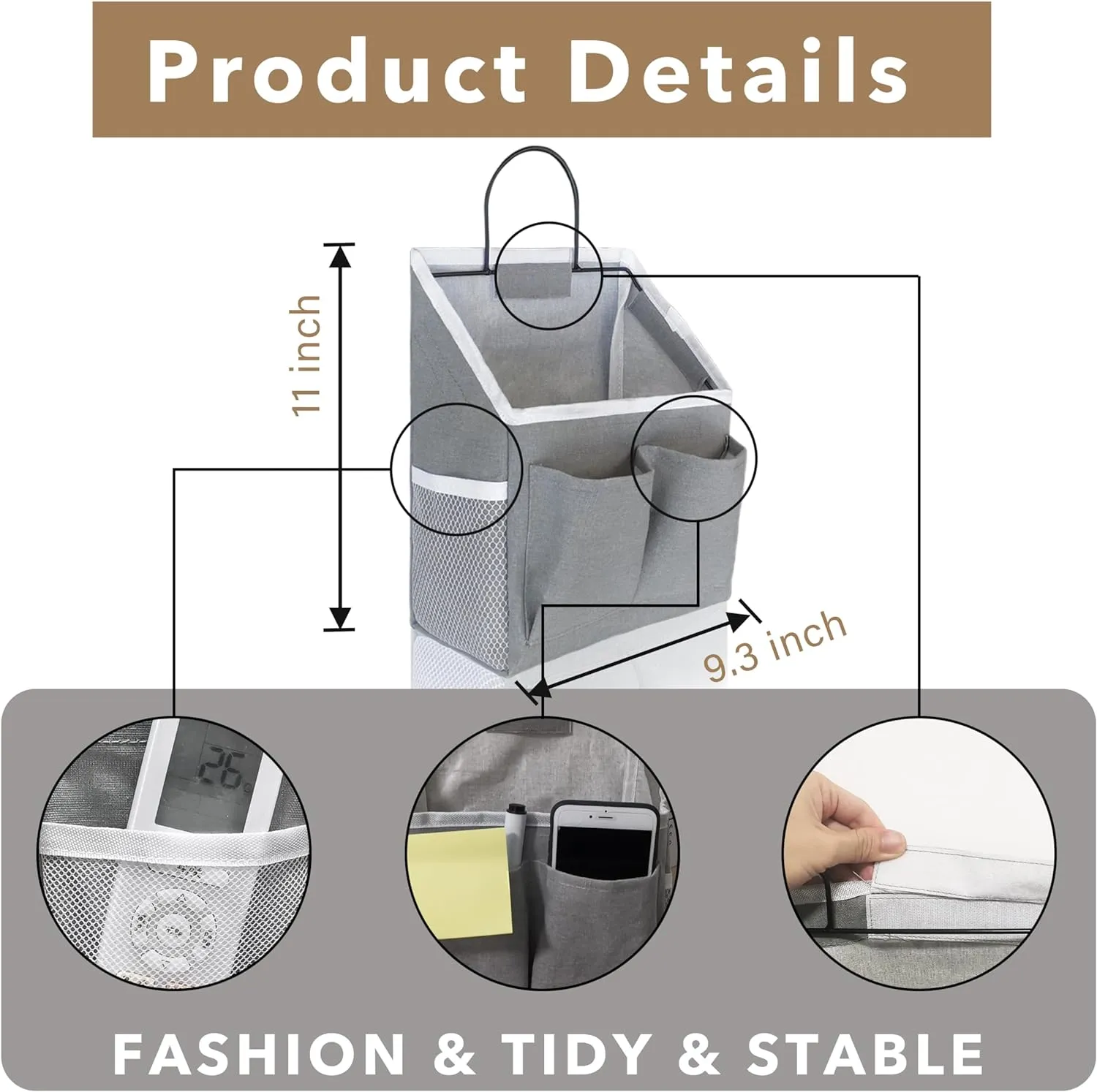 3pcs Small Wall Hanging Organizer Bag, Linen Fabric Door Hanging Storage Basket with Pockets, Waterproof Bin for Kitchen, Bedroom, Office, RV Camper (Gray)