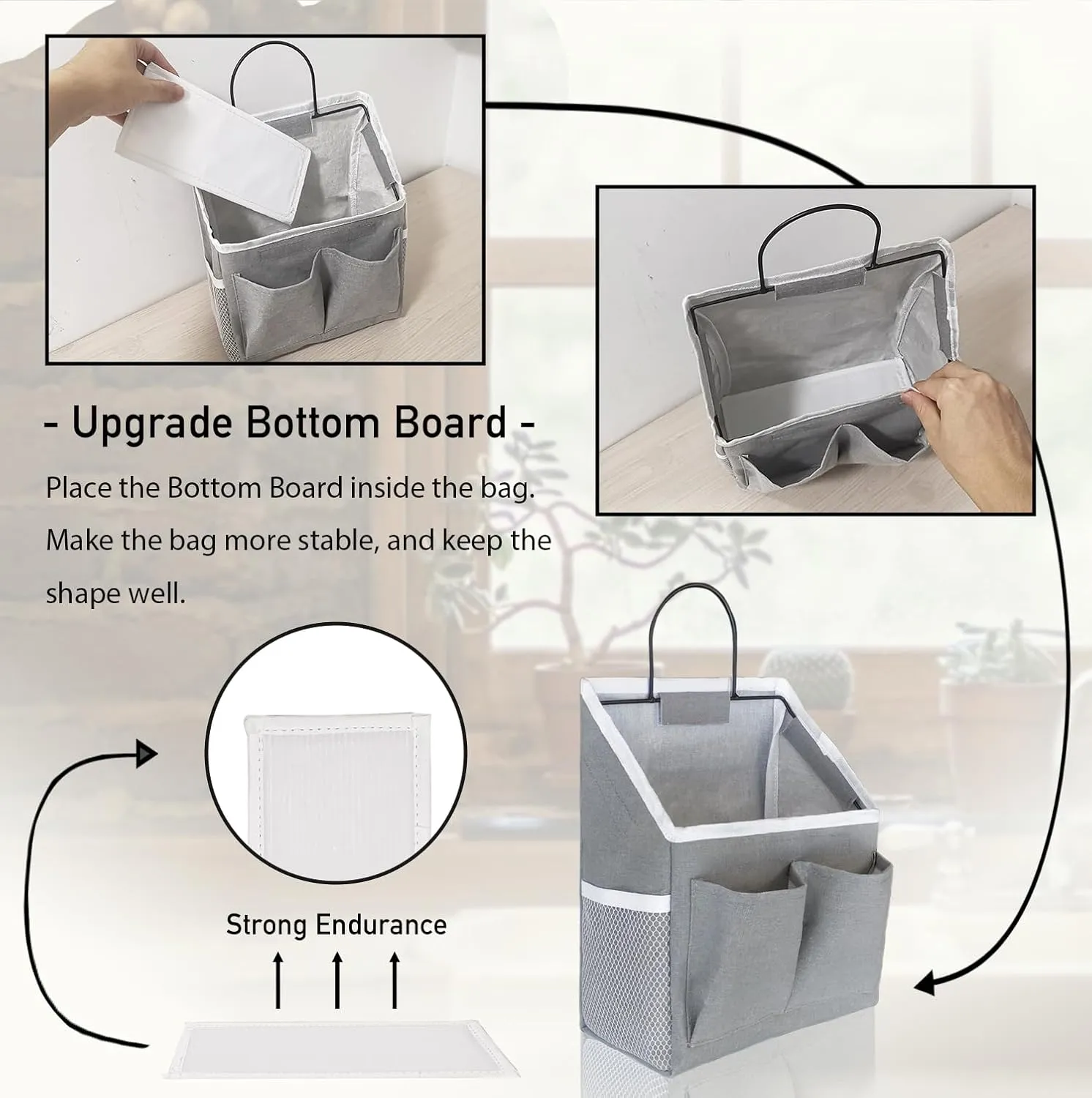 3pcs Small Wall Hanging Organizer Bag, Linen Fabric Door Hanging Storage Basket with Pockets, Waterproof Bin for Kitchen, Bedroom, Office, RV Camper (Gray)
