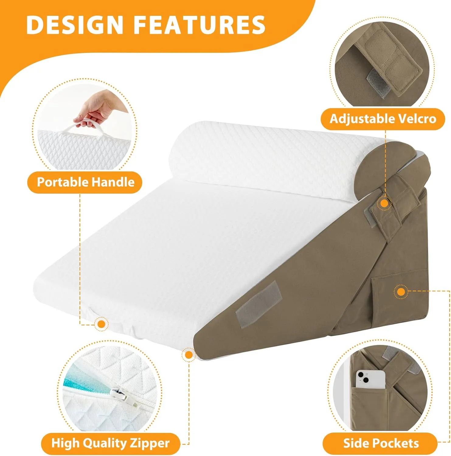 3PCS Wedge Pillow Set for After Surgery, Wedge Pillow Headboard, Adjustable 9&12 Inch Bed Pillow Wedge for Sleeping, Acid Reflux, Orthopedic Pillow Wedge for Back Pain Relief, Gerd, Brown