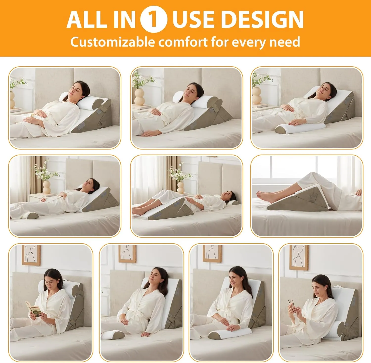 3PCS Wedge Pillow Set for After Surgery, Wedge Pillow Headboard, Adjustable 9&12 Inch Bed Pillow Wedge for Sleeping, Acid Reflux, Orthopedic Pillow Wedge for Back Pain Relief, Gerd, Brown
