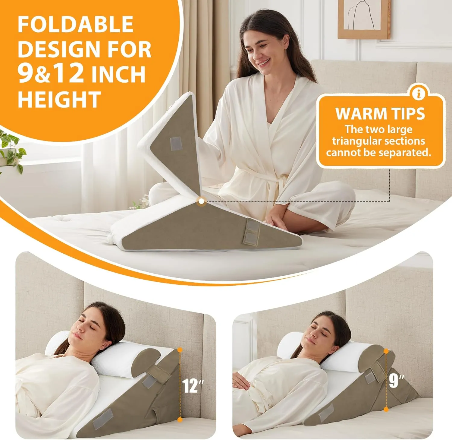 3PCS Wedge Pillow Set for After Surgery, Wedge Pillow Headboard, Adjustable 9&12 Inch Bed Pillow Wedge for Sleeping, Acid Reflux, Orthopedic Pillow Wedge for Back Pain Relief, Gerd, Brown