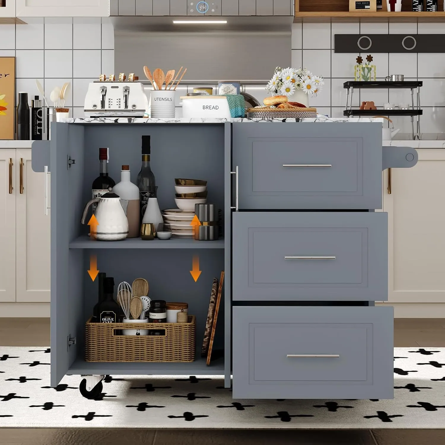 4 EVER WINNER Rolling Kitchen Island with Drop Leafanf and Marble Countertop, 43.3'' Kitchen Islands Cart with Spice Rack, Towel Rack & Drawer, Island Table for Kitchen, Grey