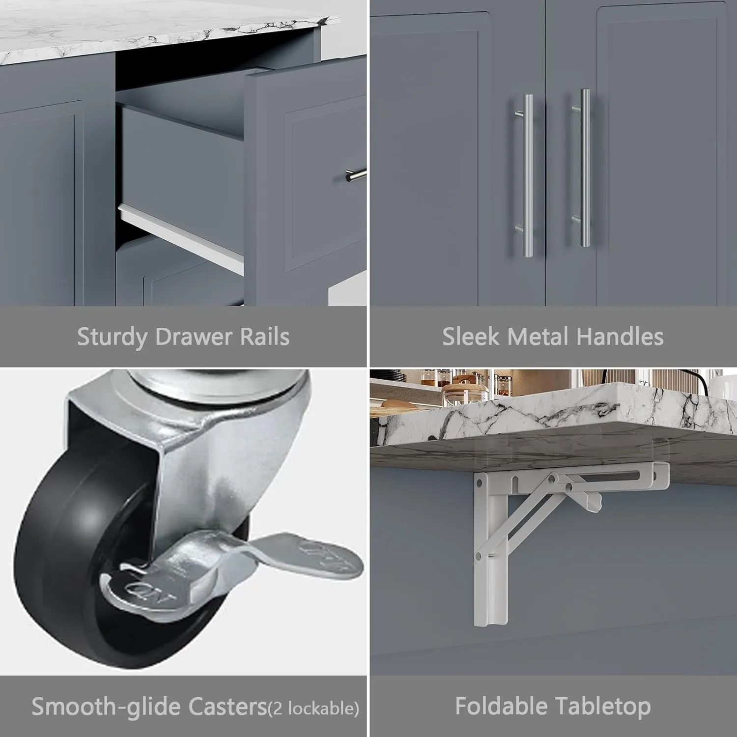 4 EVER WINNER Rolling Kitchen Island with Drop Leafanf and Marble Countertop, 43.3'' Kitchen Islands Cart with Spice Rack, Towel Rack & Drawer, Island Table for Kitchen, Grey