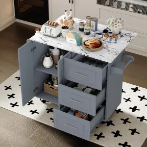 4 EVER WINNER Rolling Kitchen Island with Drop Leafanf and Marble Countertop, 43.3'' Kitchen Islands Cart with Spice Rack, Towel Rack & Drawer, Island Table for Kitchen, Grey