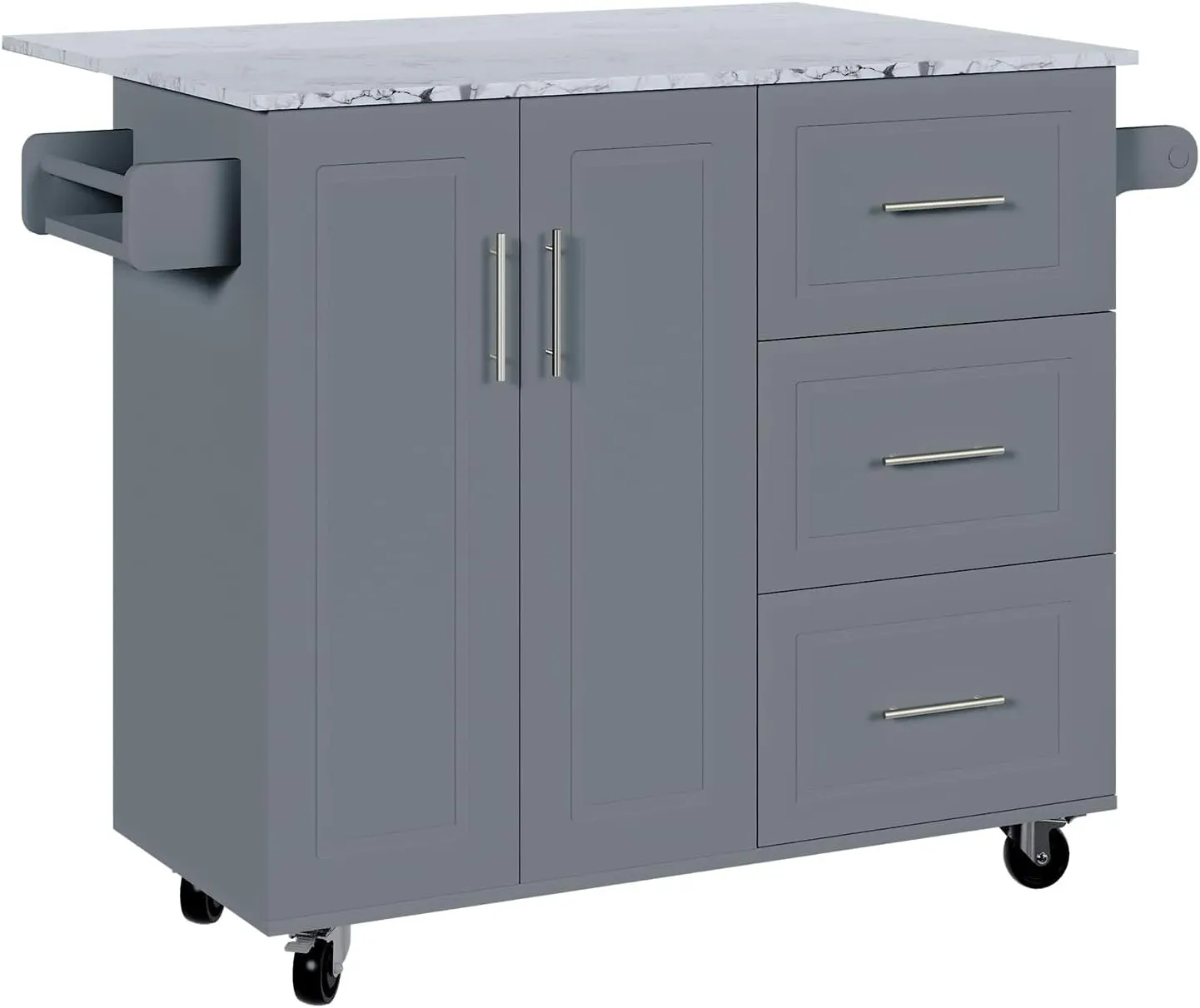 4 EVER WINNER Rolling Kitchen Island with Drop Leafanf and Marble Countertop, 43.3'' Kitchen Islands Cart with Spice Rack, Towel Rack & Drawer, Island Table for Kitchen, Grey