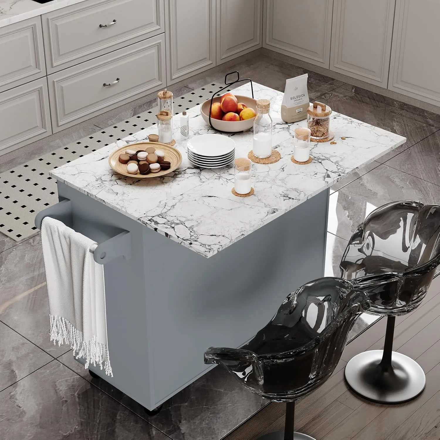 4 EVER WINNER Rolling Kitchen Island with Drop Leafanf and Marble Countertop, 43.3'' Kitchen Islands Cart with Spice Rack, Towel Rack & Drawer, Island Table for Kitchen, Grey