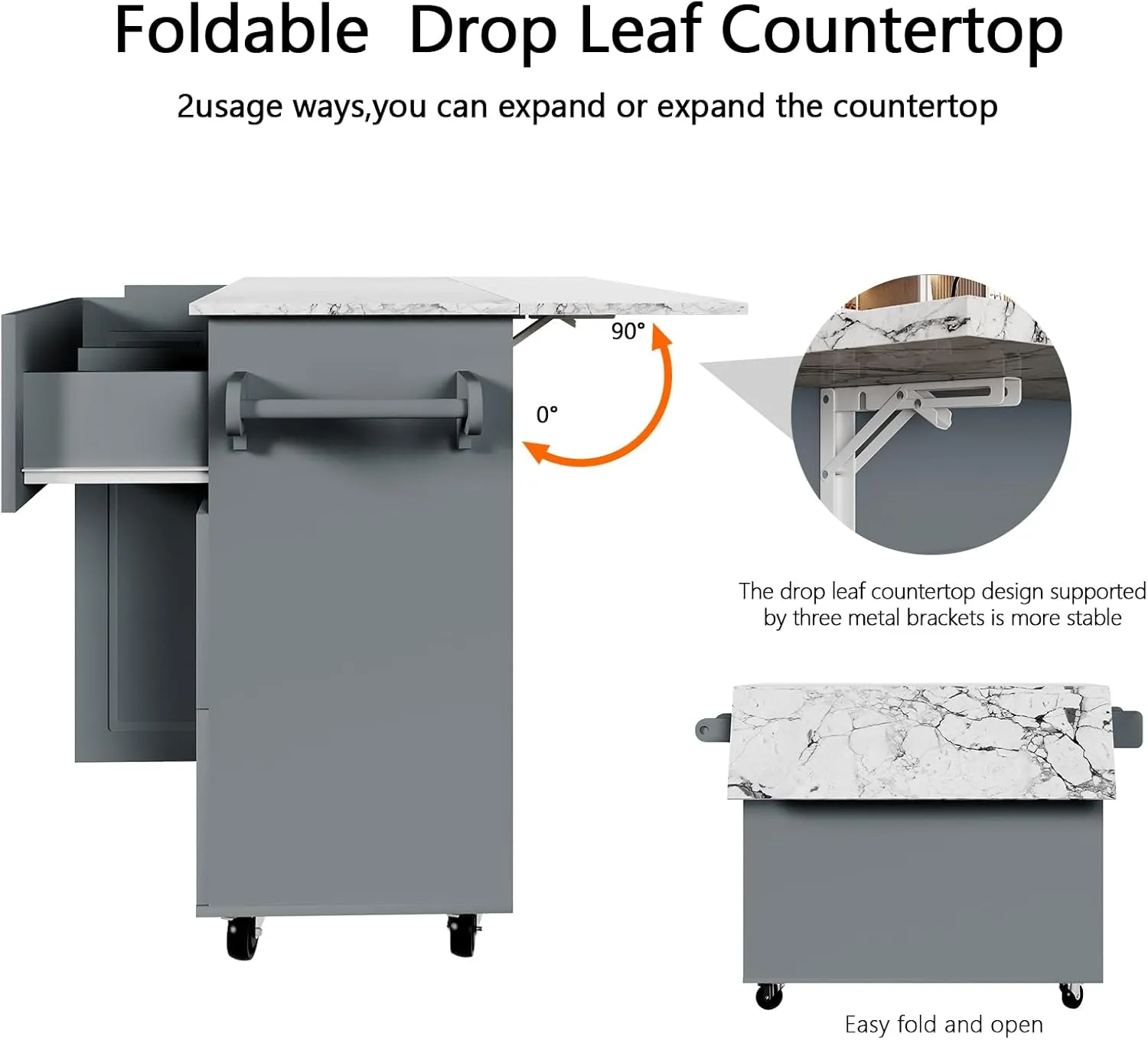 4 EVER WINNER Rolling Kitchen Island with Drop Leafanf and Marble Countertop, 43.3'' Kitchen Islands Cart with Spice Rack, Towel Rack & Drawer, Island Table for Kitchen, Grey