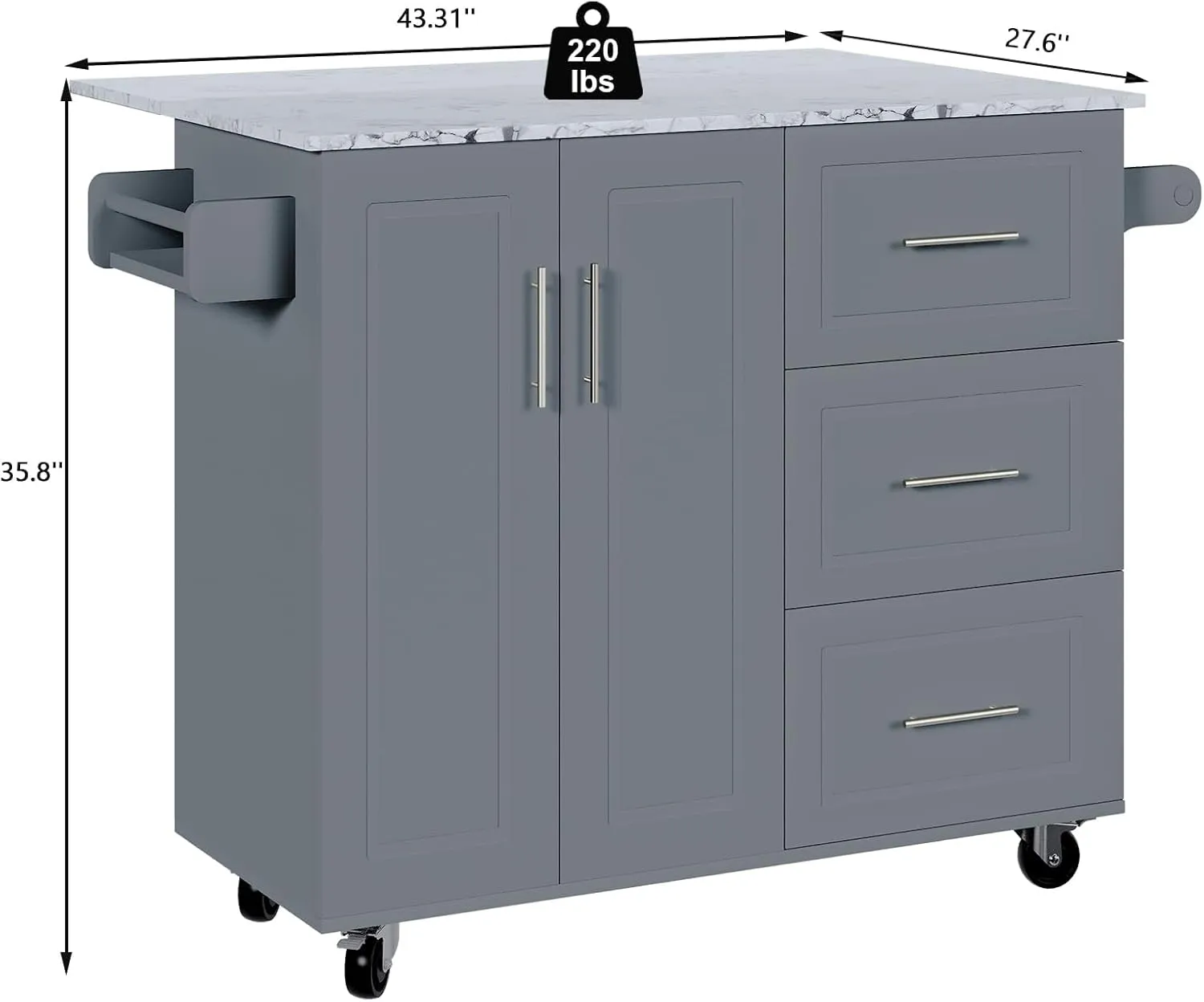 4 EVER WINNER Rolling Kitchen Island with Drop Leafanf and Marble Countertop, 43.3'' Kitchen Islands Cart with Spice Rack, Towel Rack & Drawer, Island Table for Kitchen, Grey