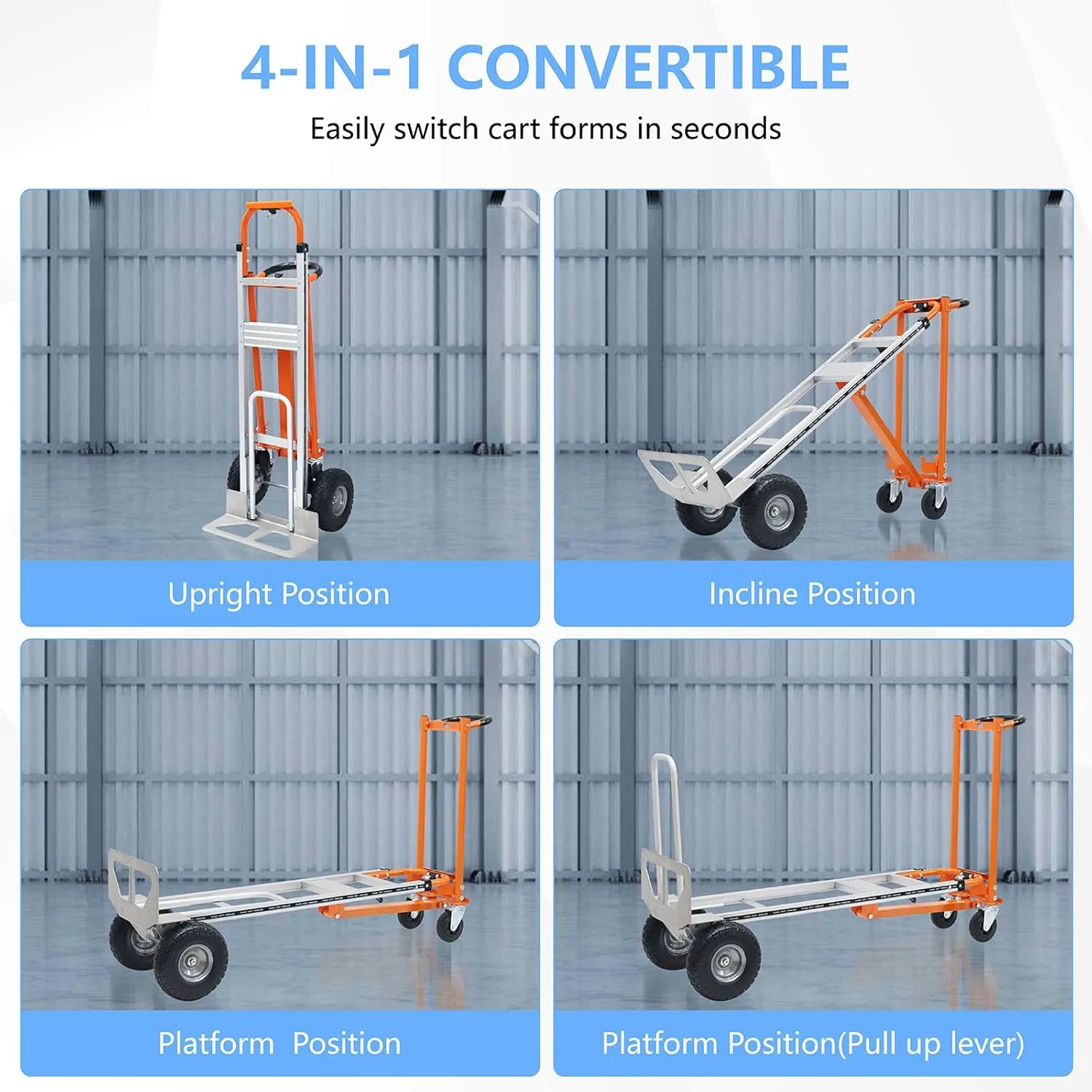 4 in 1 Convertible Hand Truck, Folding Hand Truck Dolly Cart with Solid Wheel, 1000LBS Heavy Duty Aluminum Hand Dolly for Logistics, Shopping, Home, Office Moving
