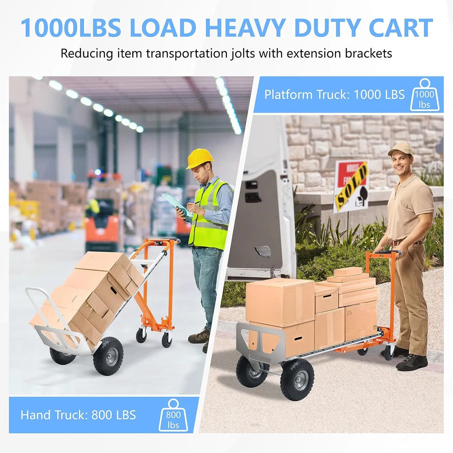 4 in 1 Convertible Hand Truck, Folding Hand Truck Dolly Cart with Solid Wheel, 1000LBS Heavy Duty Aluminum Hand Dolly for Logistics, Shopping, Home, Office Moving