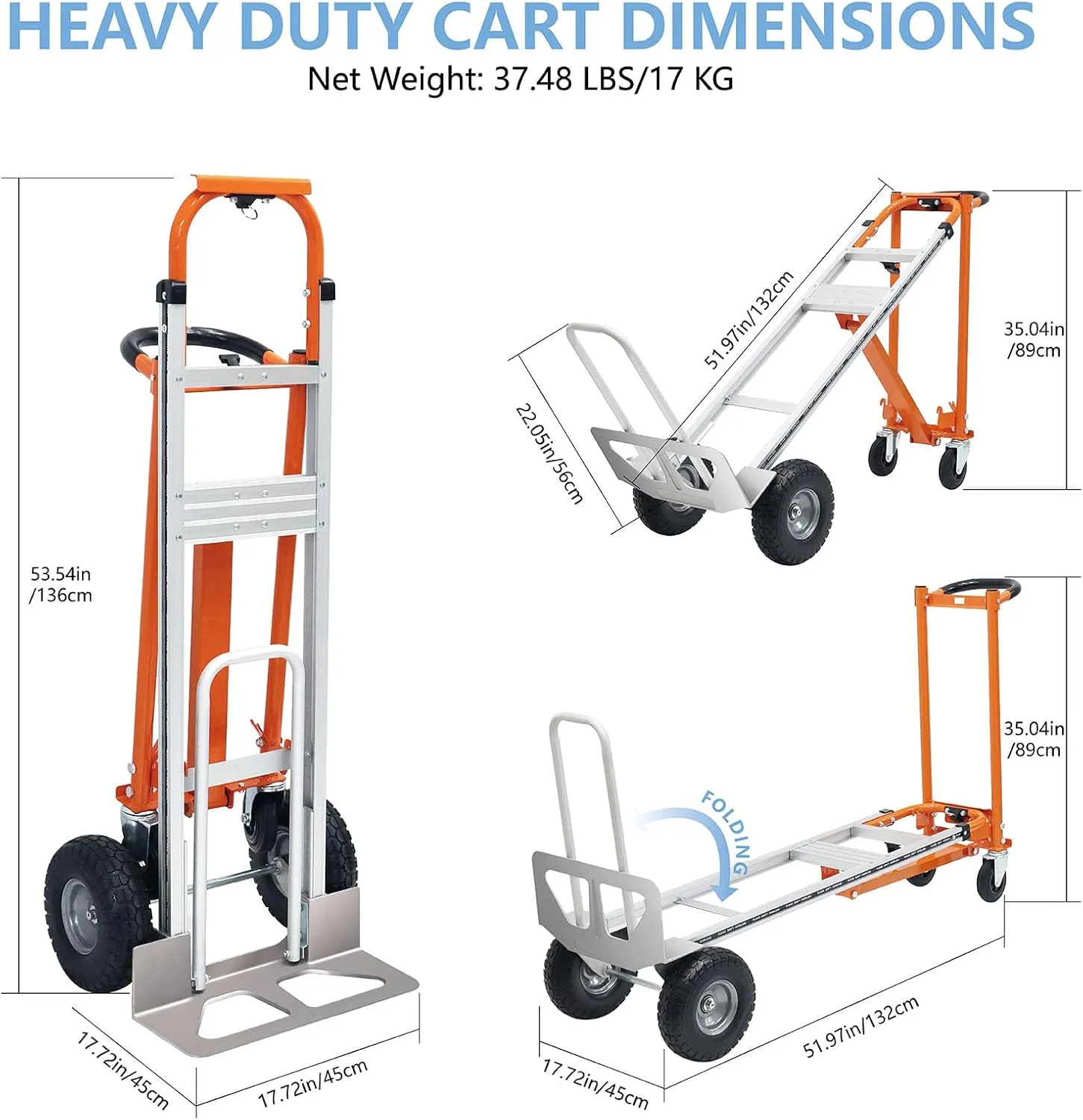 4 in 1 Convertible Hand Truck, Folding Hand Truck Dolly Cart with Solid Wheel, 1000LBS Heavy Duty Aluminum Hand Dolly for Logistics, Shopping, Home, Office Moving