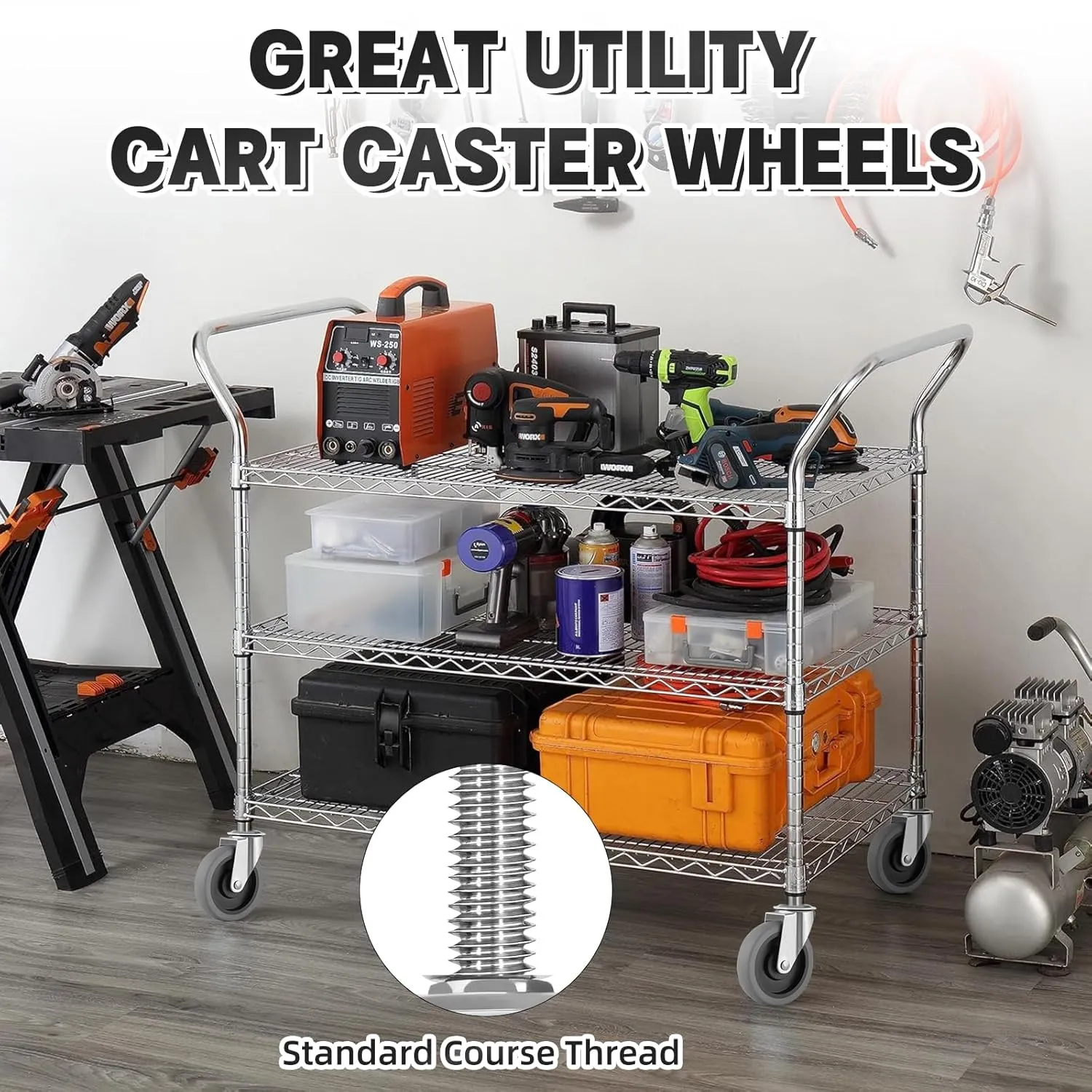 4 Inch Caster Wheels, 1/2"-13 Inch Course Threaded Stem Caster Set of 4, Heavy Duty TPR Swivel Caster Wheels for Dolly Cart, Wire Shelving Industrial Screw in Casters