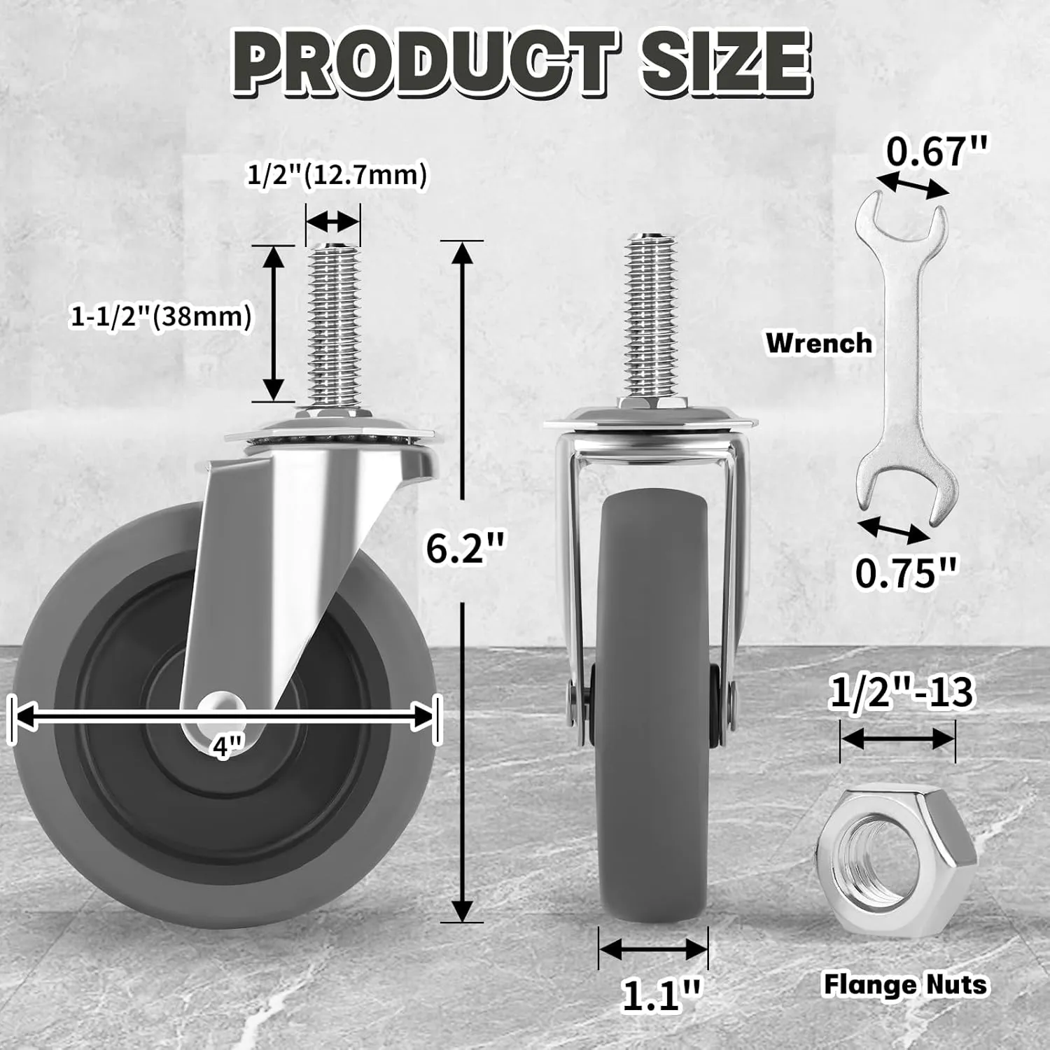 4 Inch Caster Wheels, 1/2"-13 Inch Course Threaded Stem Caster Set of 4, Heavy Duty TPR Swivel Caster Wheels for Dolly Cart, Wire Shelving Industrial Screw in Casters
