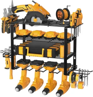 4 Layers Power Tool Organizer Wall Mount, 4 Cordless Drill Holder Heavy Duty Metal Loads 200LBS, Power Tool Shelf for Garage Tool Storage, Utility Rack for Garden Tool Storage