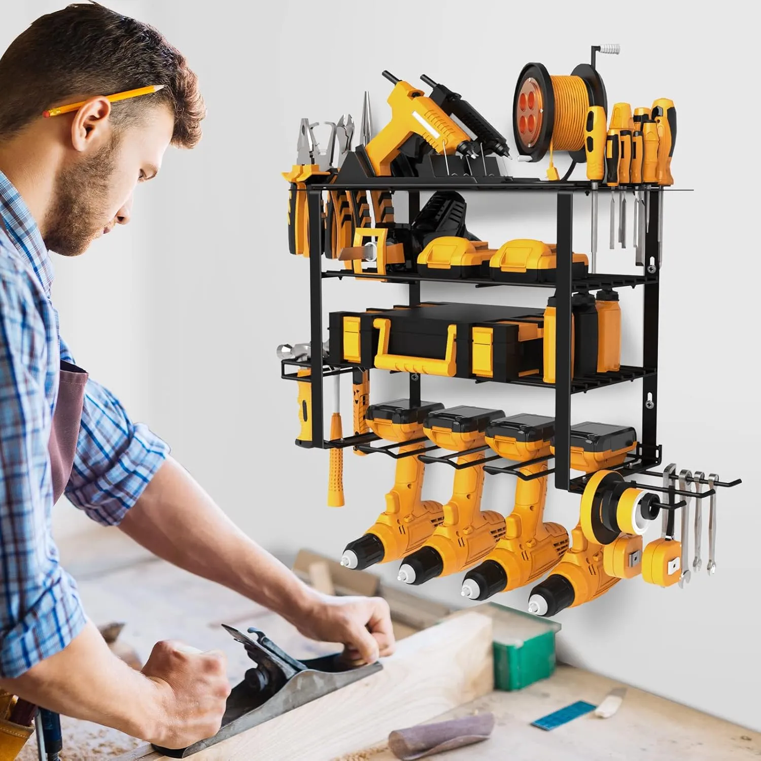 4 Layers Power Tool Organizer Wall Mount, 4 Cordless Drill Holder Heavy Duty Metal Loads 200LBS, Power Tool Shelf for Garage Tool Storage, Utility Rack for Garden Tool Storage