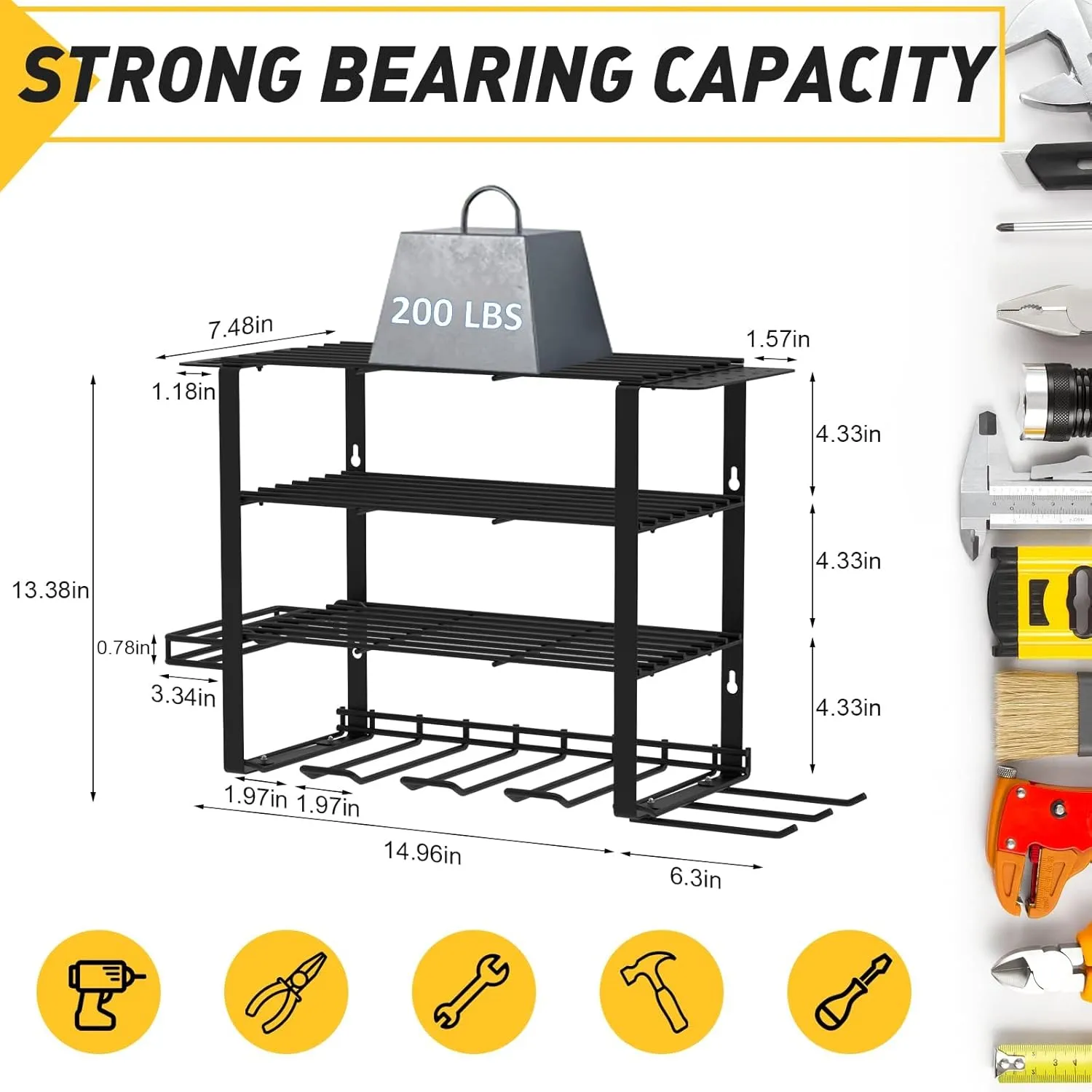 4 Layers Power Tool Organizer Wall Mount, 4 Cordless Drill Holder Heavy Duty Metal Loads 200LBS, Power Tool Shelf for Garage Tool Storage, Utility Rack for Garden Tool Storage