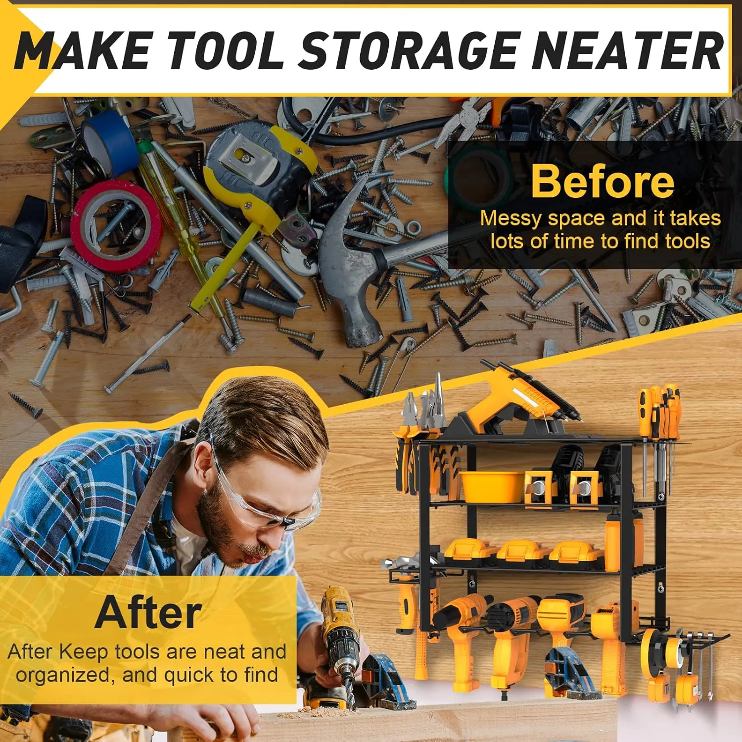 4 Layers Power Tool Organizer Wall Mount, 4 Cordless Drill Holder Heavy Duty Metal Loads 200LBS, Power Tool Shelf for Garage Tool Storage, Utility Rack for Garden Tool Storage