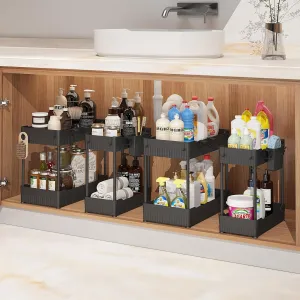 4 Pack Under Sink Organizers and Storage,Under Bathroom Cabinet Organizer with Hooks Hanging Cup,Multi-Purpose Storage Shelf for Kitchen Bathroom,Black (4 Pack Black)