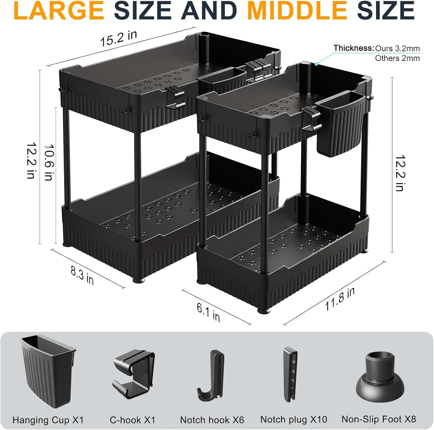 4 Pack Under Sink Organizers and Storage,Under Bathroom Cabinet Organizer with Hooks Hanging Cup,Multi-Purpose Storage Shelf for Kitchen Bathroom,Black (4 Pack Black)