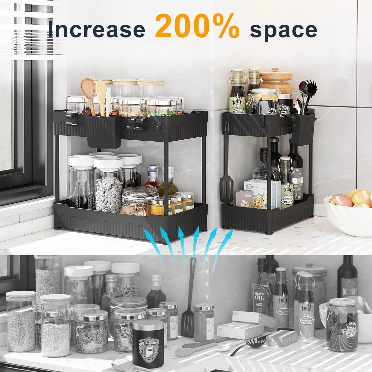 4 Pack Under Sink Organizers and Storage,Under Bathroom Cabinet Organizer with Hooks Hanging Cup,Multi-Purpose Storage Shelf for Kitchen Bathroom,Black (4 Pack Black)