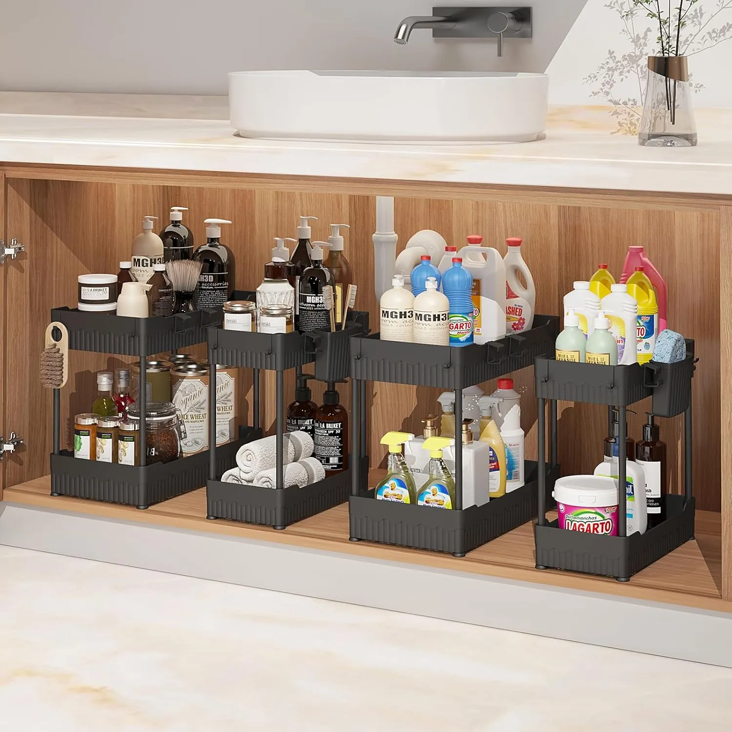 4 Pack Under Sink Organizers and Storage,Under Bathroom Cabinet Organizer with Hooks Hanging Cup,Multi-Purpose Storage Shelf for Kitchen Bathroom,Black (4 Pack Black)