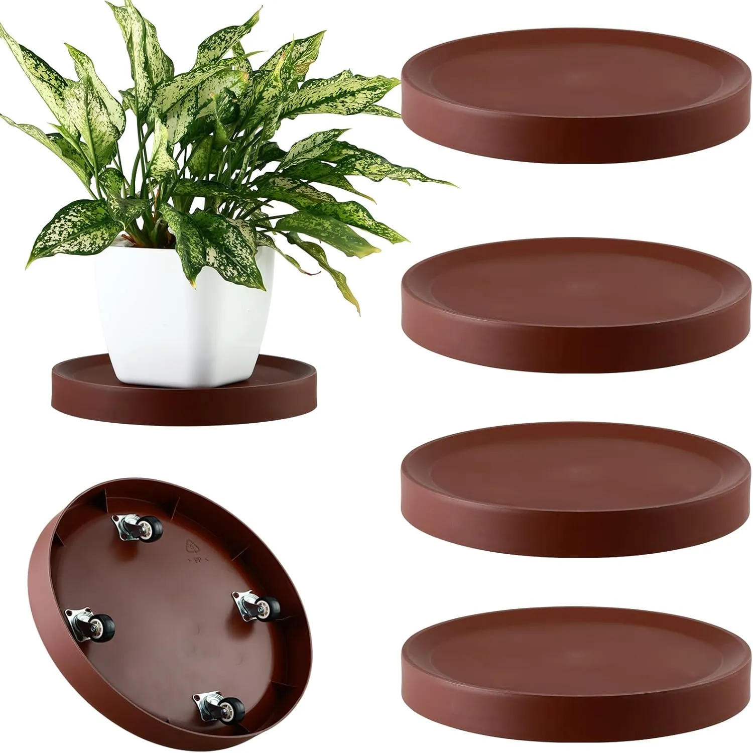 4 Packs Plant Caddy with Hidden Wheels 11.5 Inch Rolling Plant Stand Heavy Duty Plant Dolly with Casters Indoor and Outdoor Plants Plant Roller Base Large Plant Cart Pot Saucers with Wheels, Brown