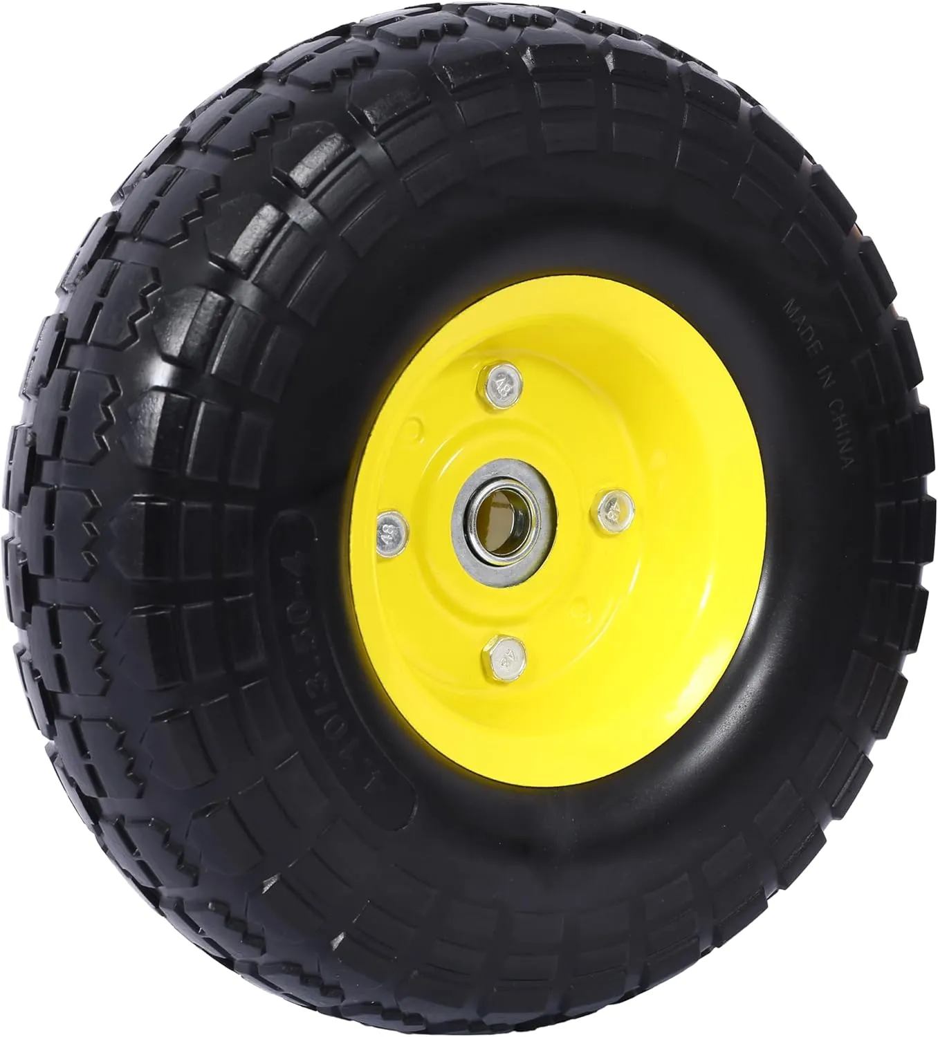 4 PCS Heavy-Duty Flat free PU foam Tire and Wheel - 4.10/3.50-4", 10" Diameter, 5/8" Axle Bore Hole, 2.2" Offset Hub and Double Sealed Bearings for Hand Trucks Replacement (Black   Yellow)