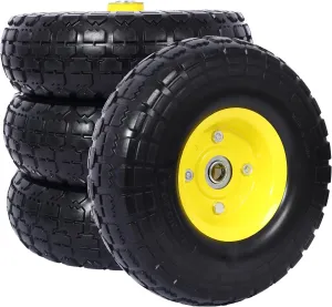 4 PCS Heavy-Duty Flat free PU foam Tire and Wheel - 4.10/3.50-4", 10" Diameter, 5/8" Axle Bore Hole, 2.2" Offset Hub and Double Sealed Bearings for Hand Trucks Replacement (Black   Yellow)