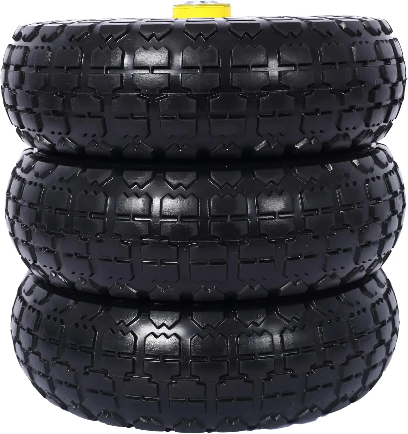 4 PCS Heavy-Duty Flat free PU foam Tire and Wheel - 4.10/3.50-4", 10" Diameter, 5/8" Axle Bore Hole, 2.2" Offset Hub and Double Sealed Bearings for Hand Trucks Replacement (Black   Yellow)