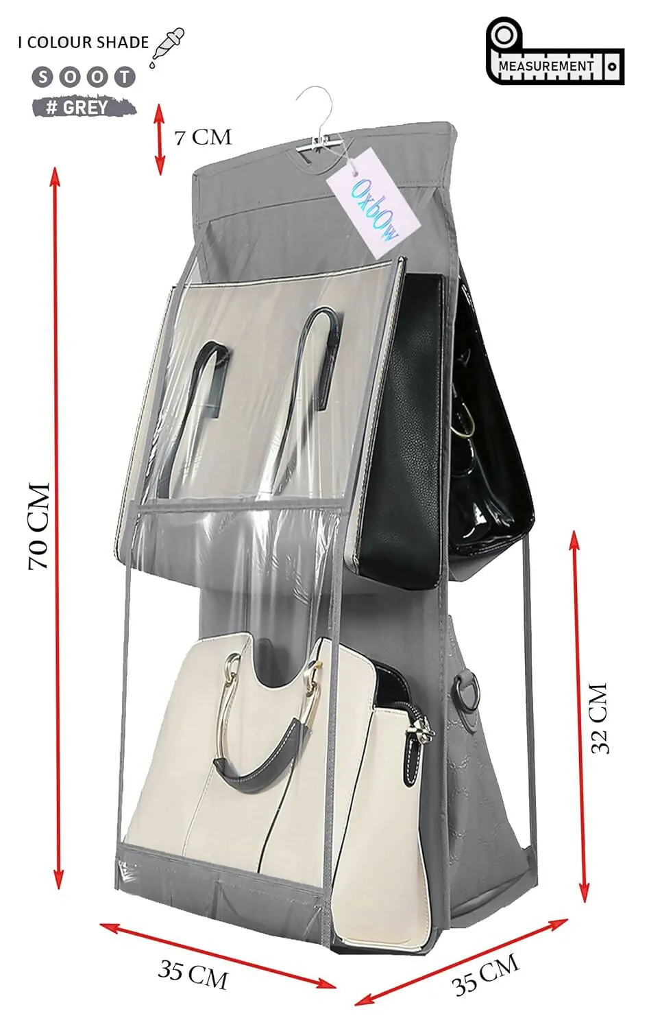 4-Pocket Foldable Hanging Handbag Organizer for Women (Grey, 75x35x35cm)