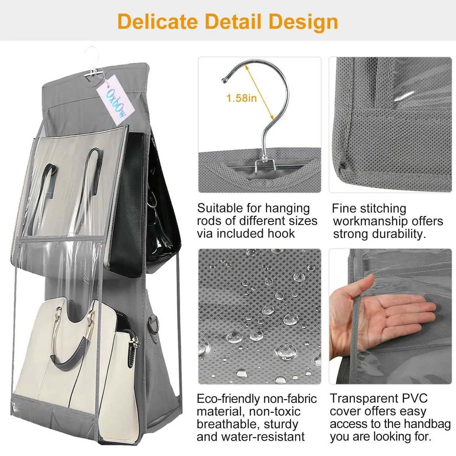 4-Pocket Foldable Hanging Handbag Organizer for Women (Grey, 75x35x35cm)