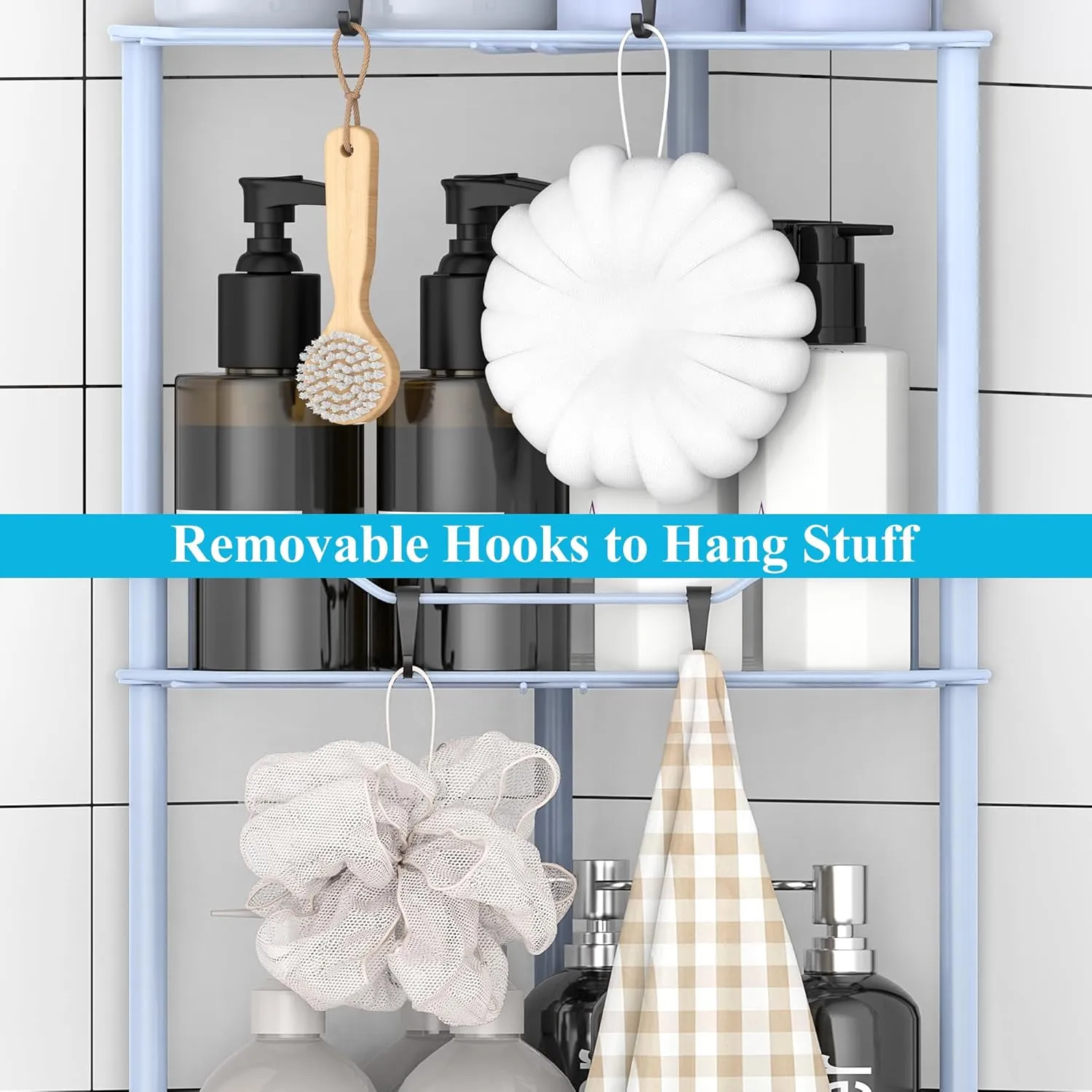 4 Tier Floor Standing Corner Shower Caddy Organizer Shelf with Hooks, Bathroom Shelves Stand Rack, Blue