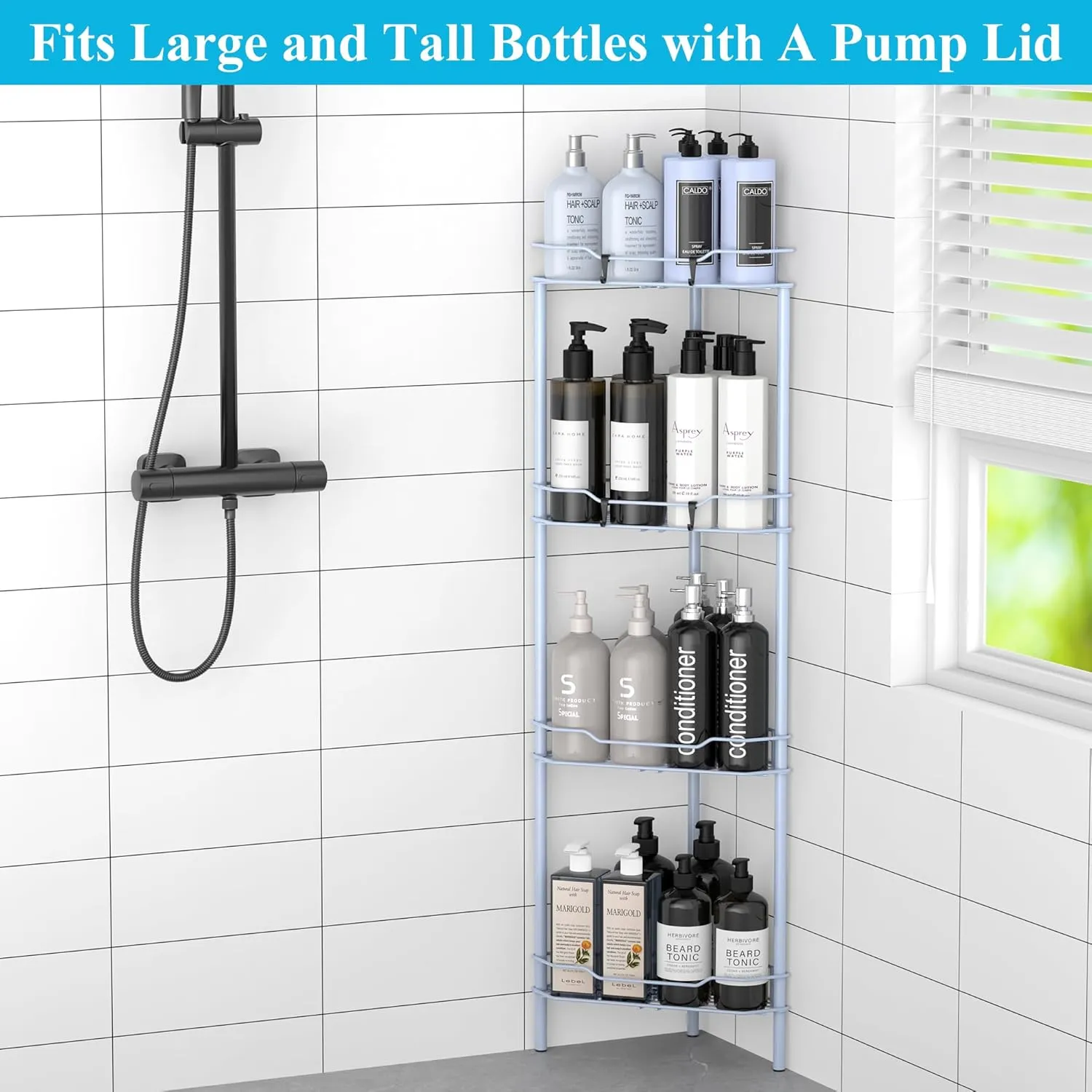 4 Tier Floor Standing Corner Shower Caddy Organizer Shelf with Hooks, Bathroom Shelves Stand Rack, Blue