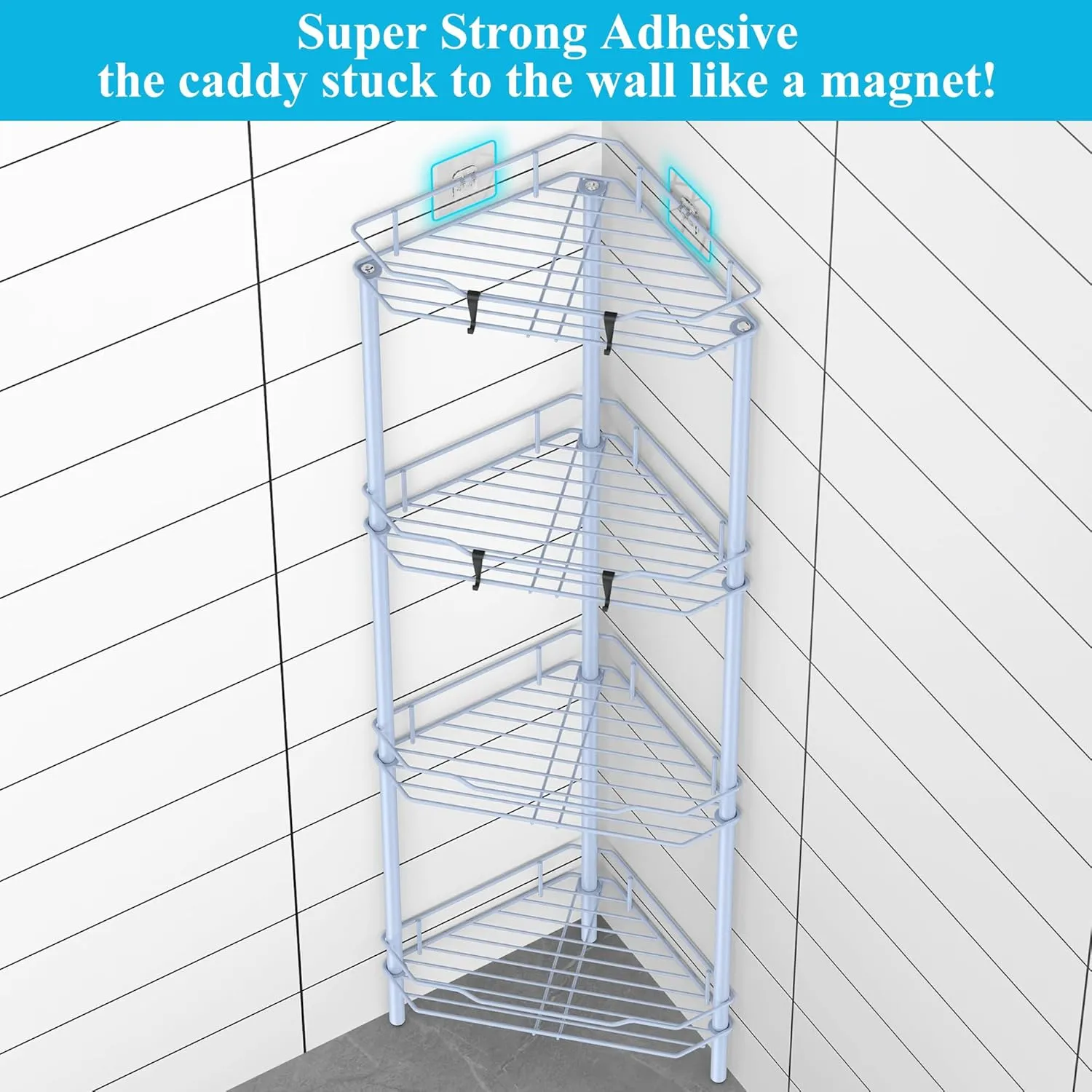 4 Tier Floor Standing Corner Shower Caddy Organizer Shelf with Hooks, Bathroom Shelves Stand Rack, Blue