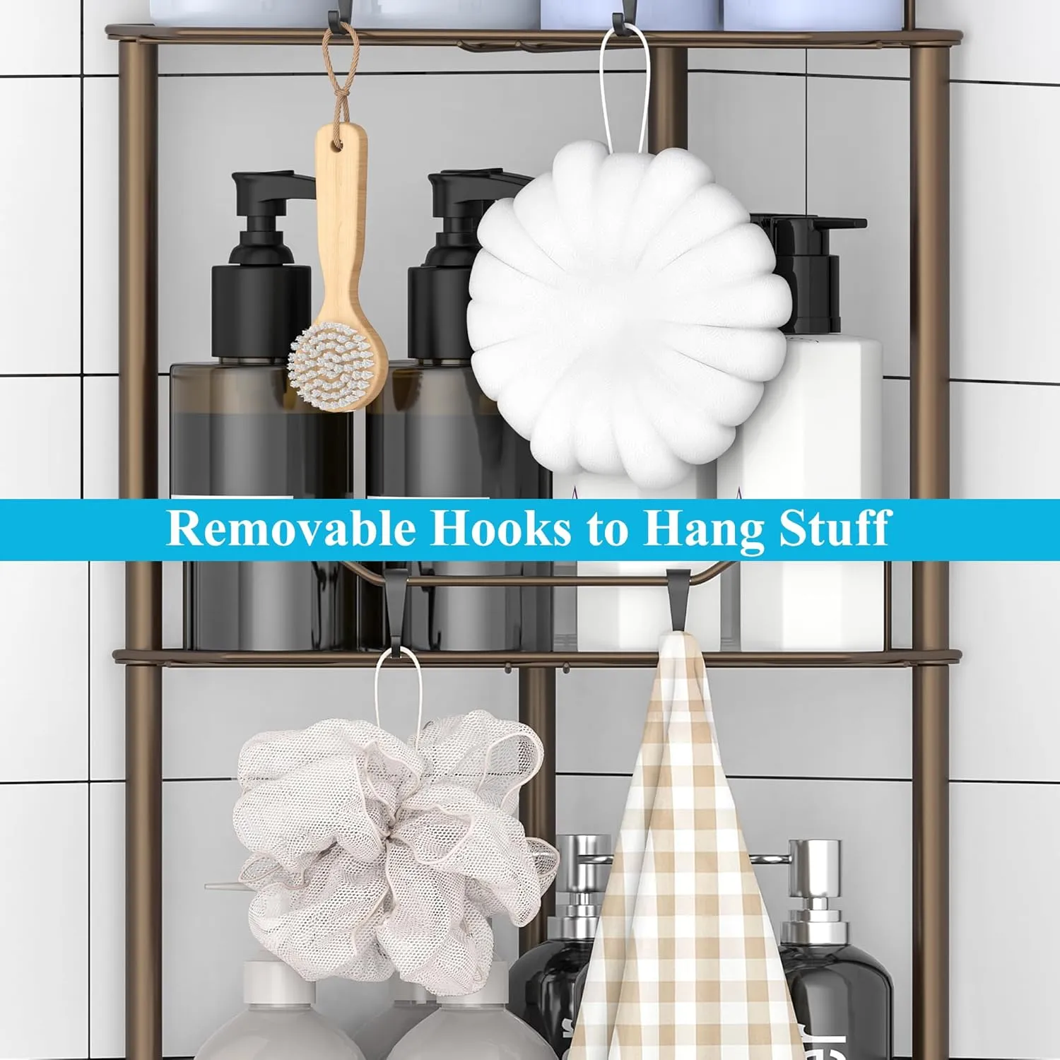 4 Tier Floor Standing Corner Shower Caddy Organizer Shelf with Hooks, Bathroom Shelves Stand Rack, Bronze