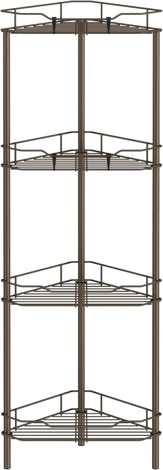 4 Tier Floor Standing Corner Shower Caddy Organizer Shelf with Hooks, Bathroom Shelves Stand Rack, Bronze