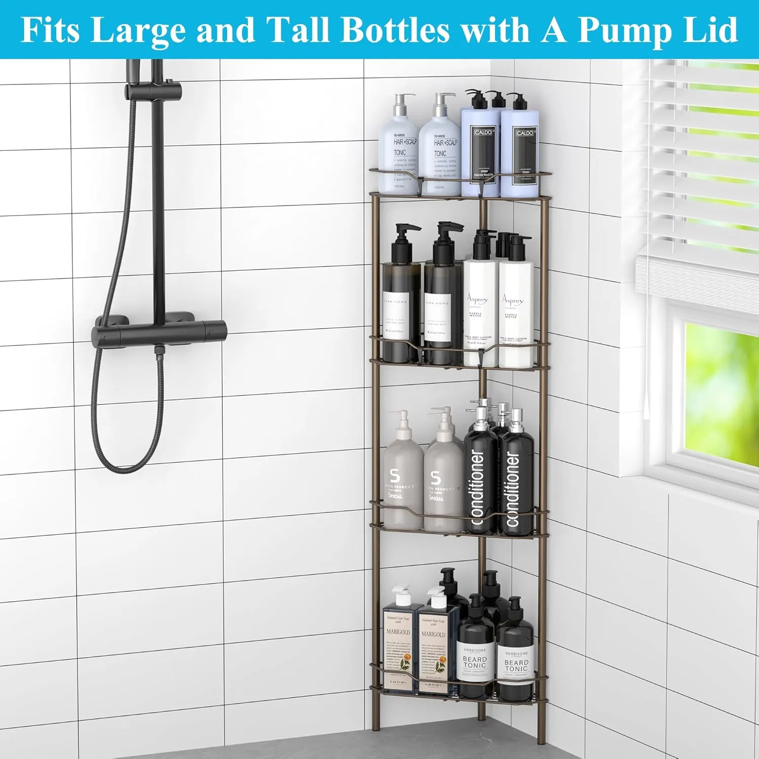 4 Tier Floor Standing Corner Shower Caddy Organizer Shelf with Hooks, Bathroom Shelves Stand Rack, Bronze