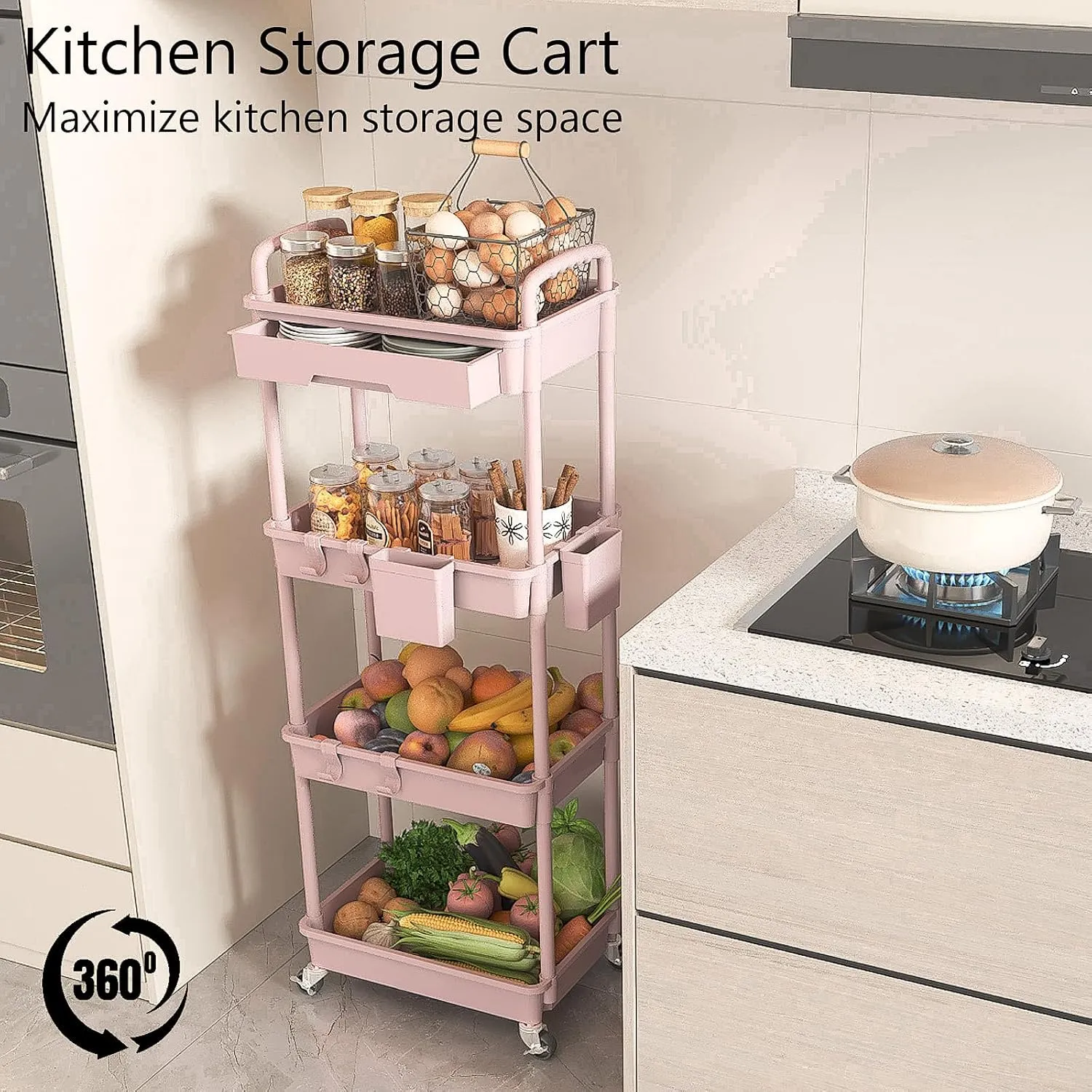 4 Tier Rolling Utility Cart with Drawer, Plastic Storage Organizer Rolling Carts with Wheels Handles Hanging Cups Hooks for Office, Bathroom, Kitchen,Craft Art Room (Pink)