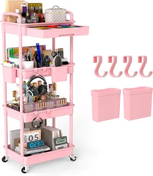 4 Tier Rolling Utility Cart with Drawer, Plastic Storage Organizer Rolling Carts with Wheels Handles Hanging Cups Hooks for Office, Bathroom, Kitchen,Craft Art Room (Pink)