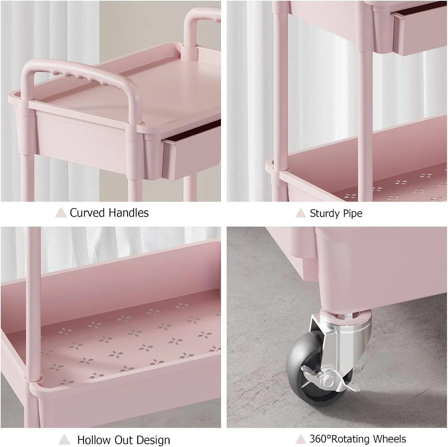 4 Tier Rolling Utility Cart with Drawer, Plastic Storage Organizer Rolling Carts with Wheels Handles Hanging Cups Hooks for Office, Bathroom, Kitchen,Craft Art Room (Pink)