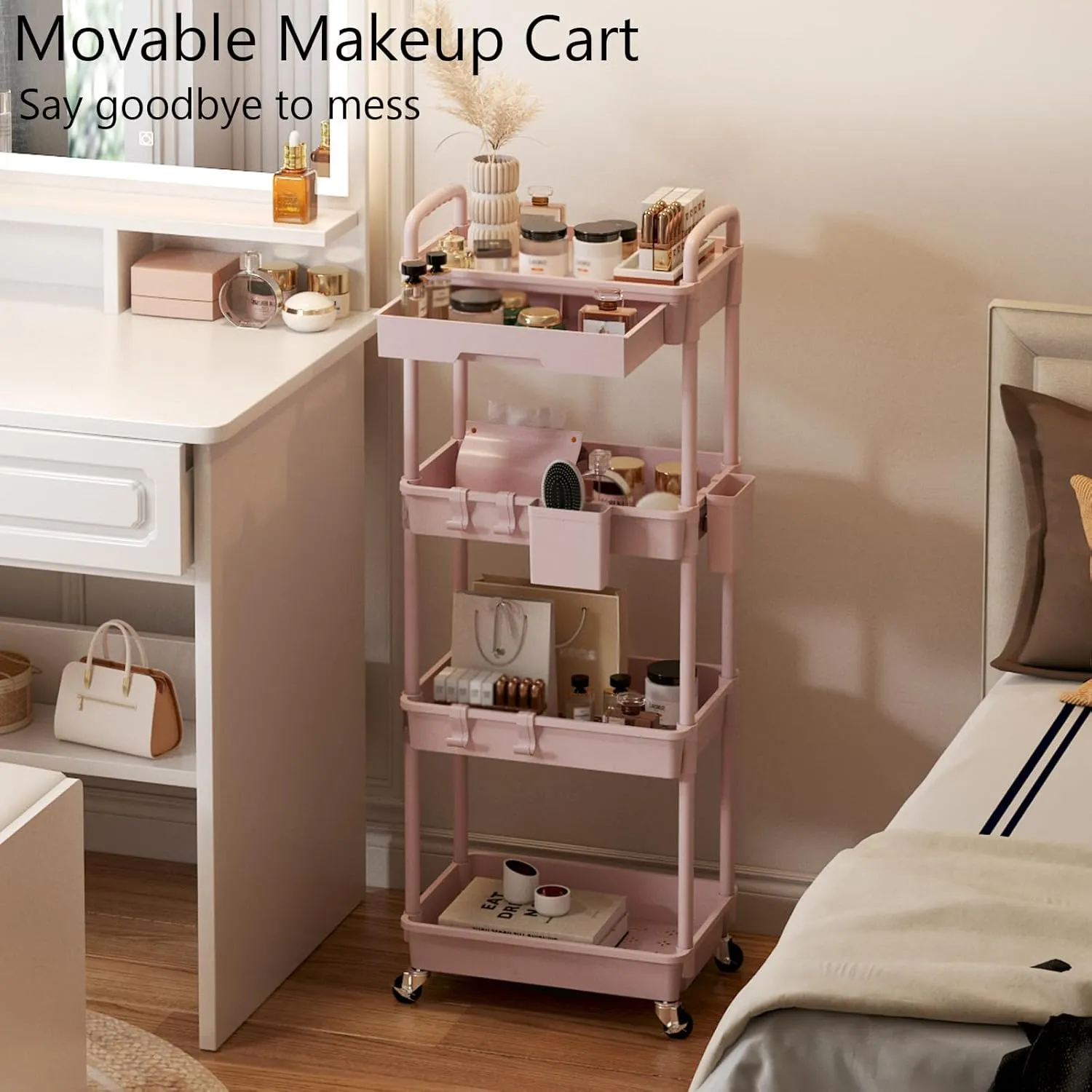 4 Tier Rolling Utility Cart with Drawer, Plastic Storage Organizer Rolling Carts with Wheels Handles Hanging Cups Hooks for Office, Bathroom, Kitchen,Craft Art Room (Pink)