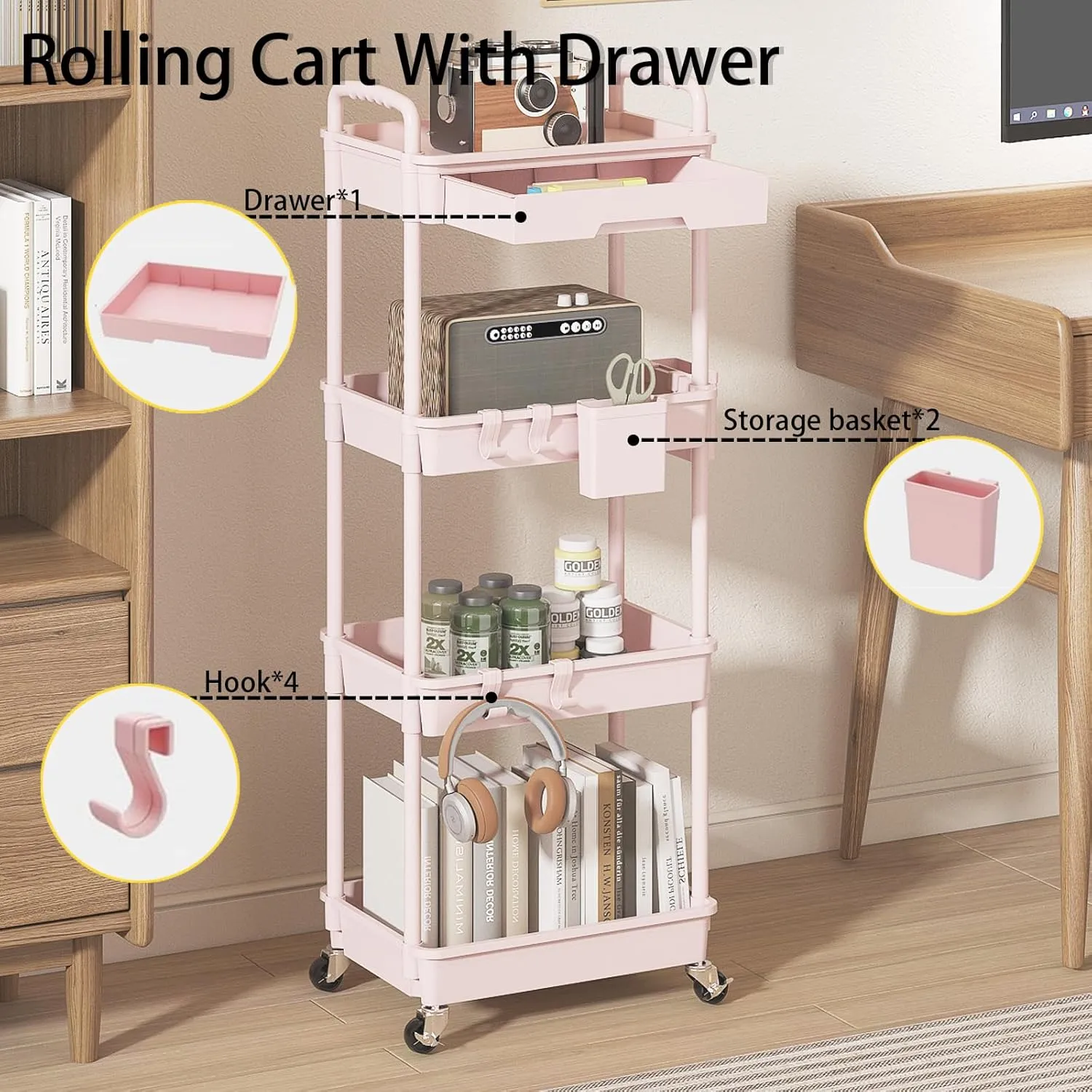 4 Tier Rolling Utility Cart with Drawer, Plastic Storage Organizer Rolling Carts with Wheels Handles Hanging Cups Hooks for Office, Bathroom, Kitchen,Craft Art Room (Pink)