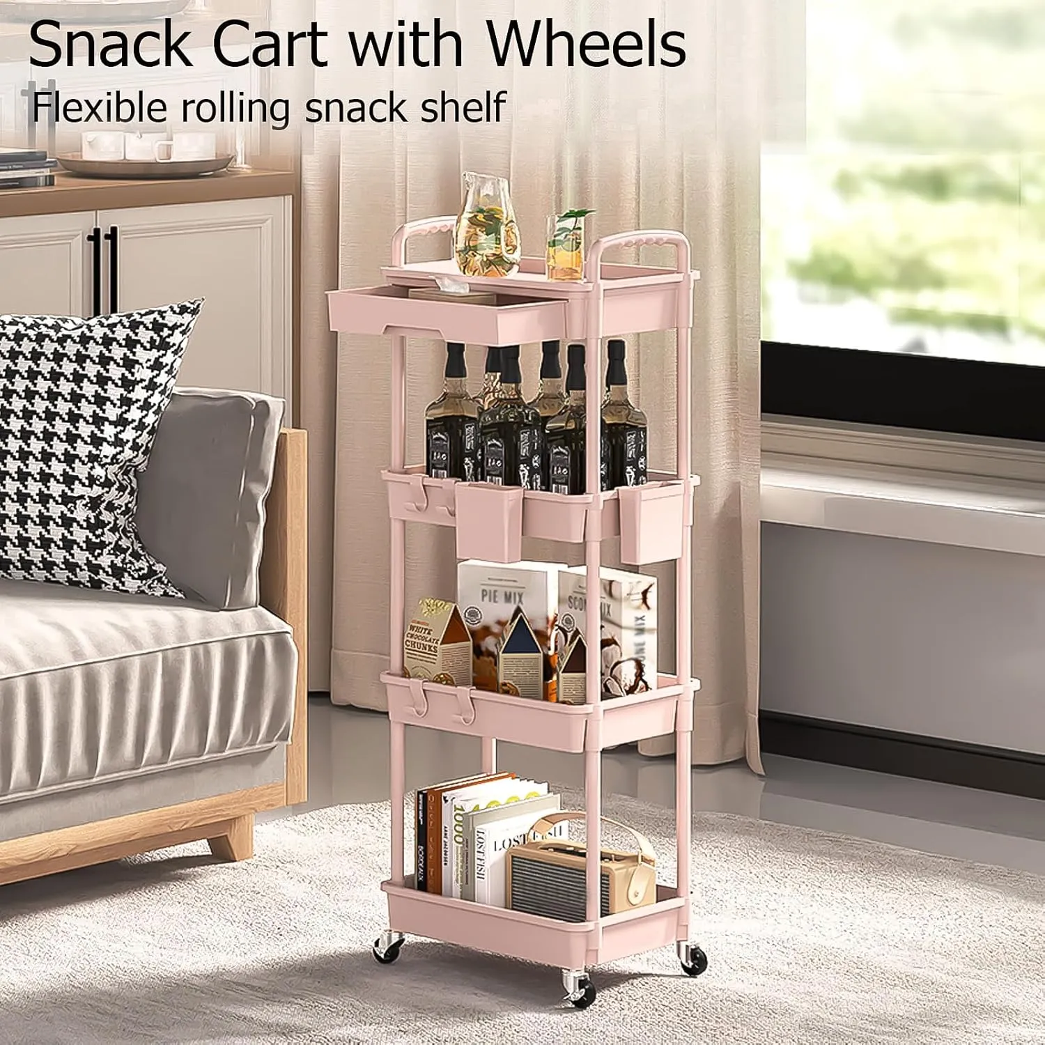 4 Tier Rolling Utility Cart with Drawer, Plastic Storage Organizer Rolling Carts with Wheels Handles Hanging Cups Hooks for Office, Bathroom, Kitchen,Craft Art Room (Pink)