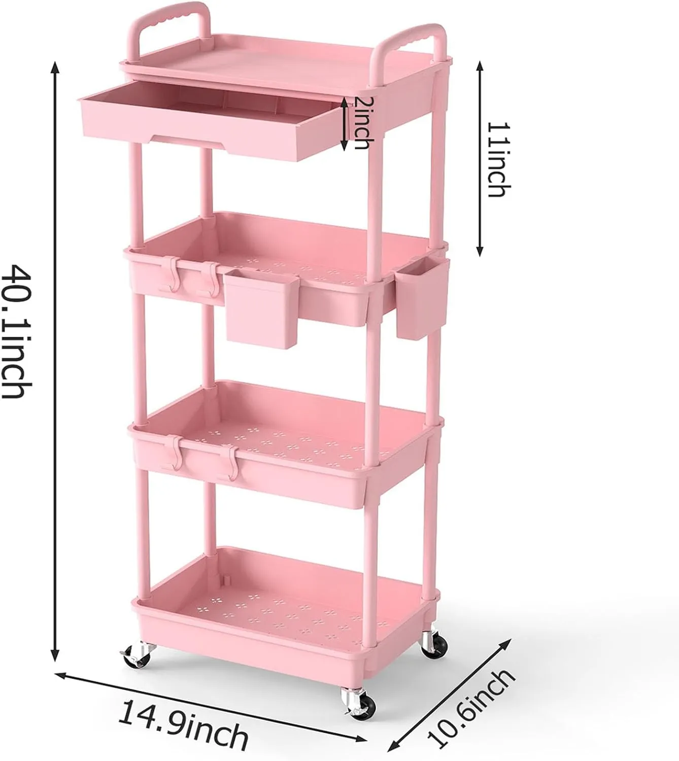 4 Tier Rolling Utility Cart with Drawer, Plastic Storage Organizer Rolling Carts with Wheels Handles Hanging Cups Hooks for Office, Bathroom, Kitchen,Craft Art Room (Pink)
